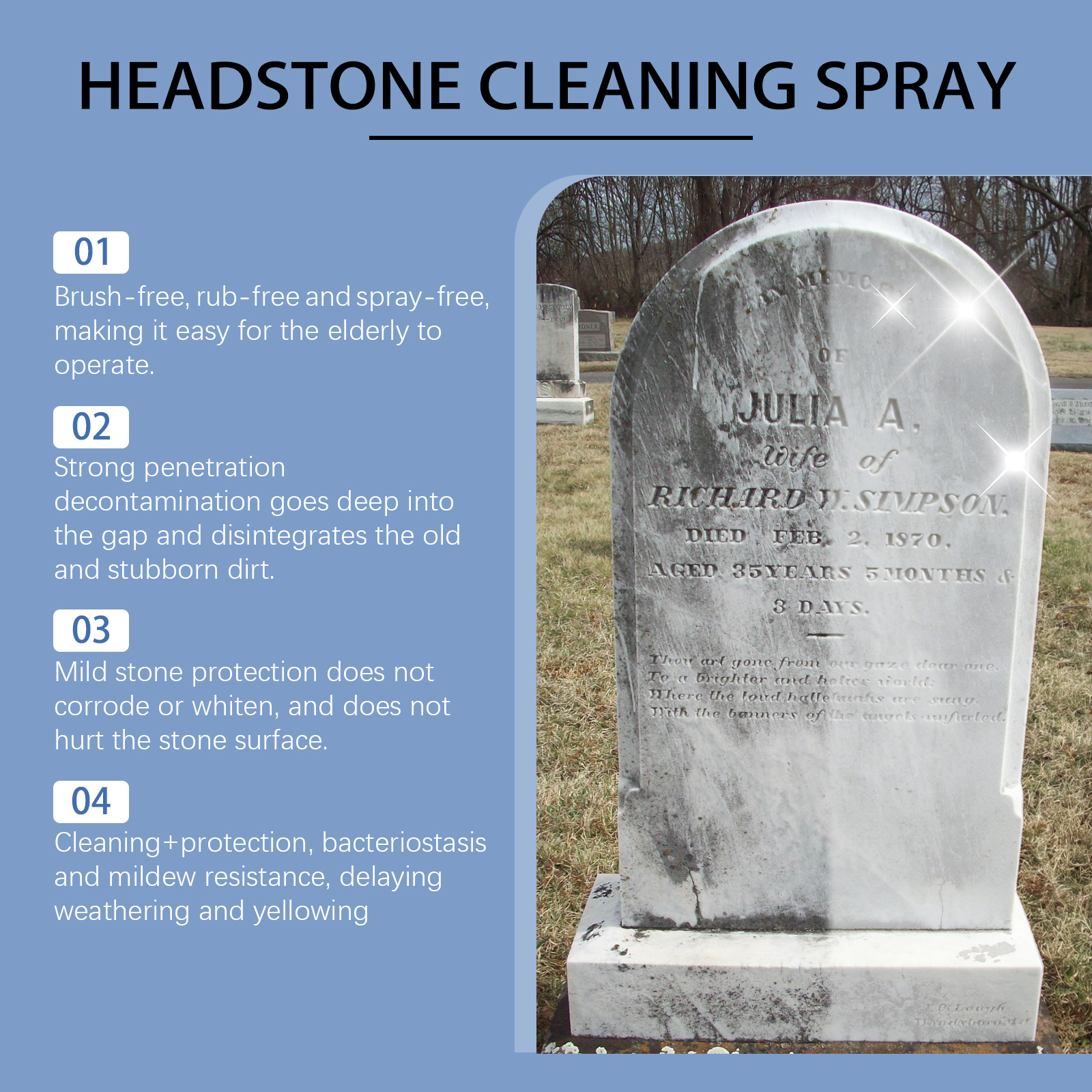 Tombstone Cleaning Spray Mild Formula Gentle Clean Renew Bright Convenient Maintain Stone Surface Stains Dirt Care
