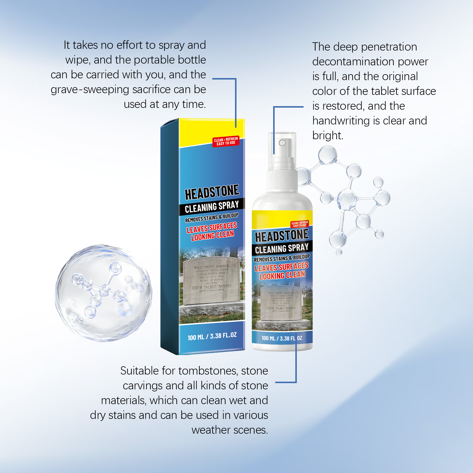 Tombstone Cleaning Spray Mild Formula Gentle Clean Renew Bright Convenient Maintain Stone Surface Stains Dirt Care