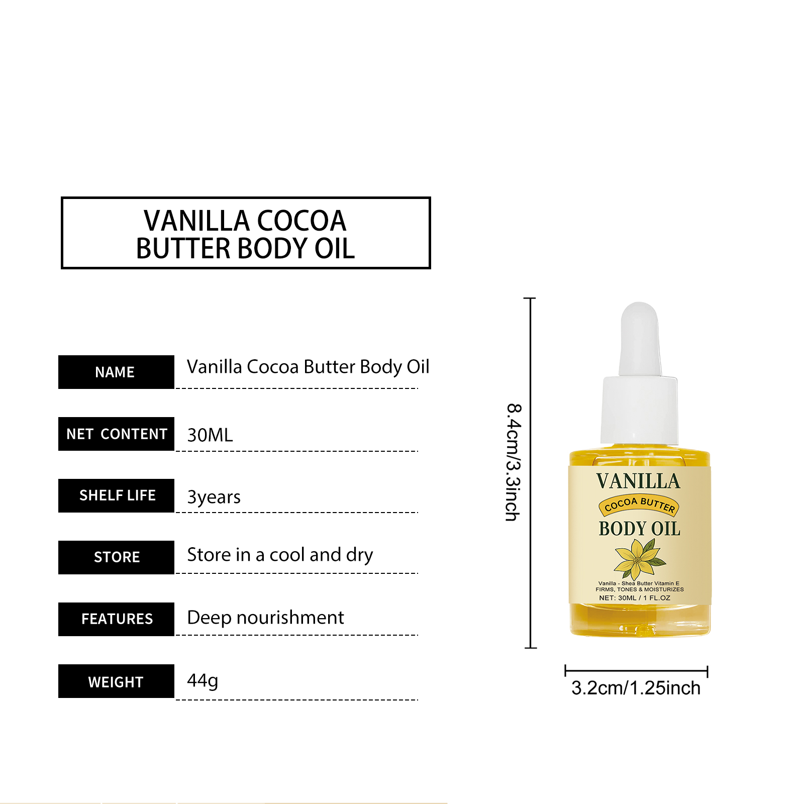 Vanilla Cocoa Body Oil Refreshing Hydrating Soft Nourishing Mild Moisturizing Skincare For Whole Skin Care Protection