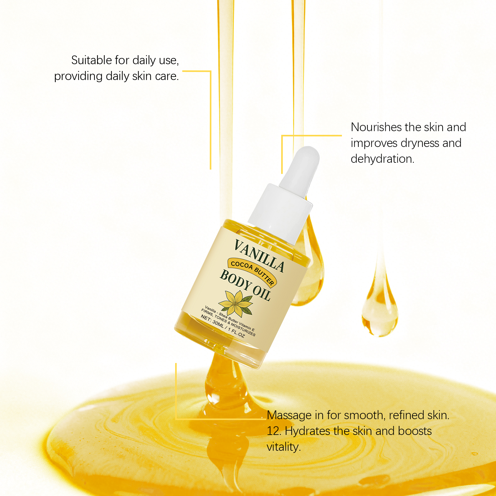 Vanilla Cocoa Body Oil Refreshing Hydrating Soft Nourishing Mild Moisturizing Skincare For Whole Skin Care Protection