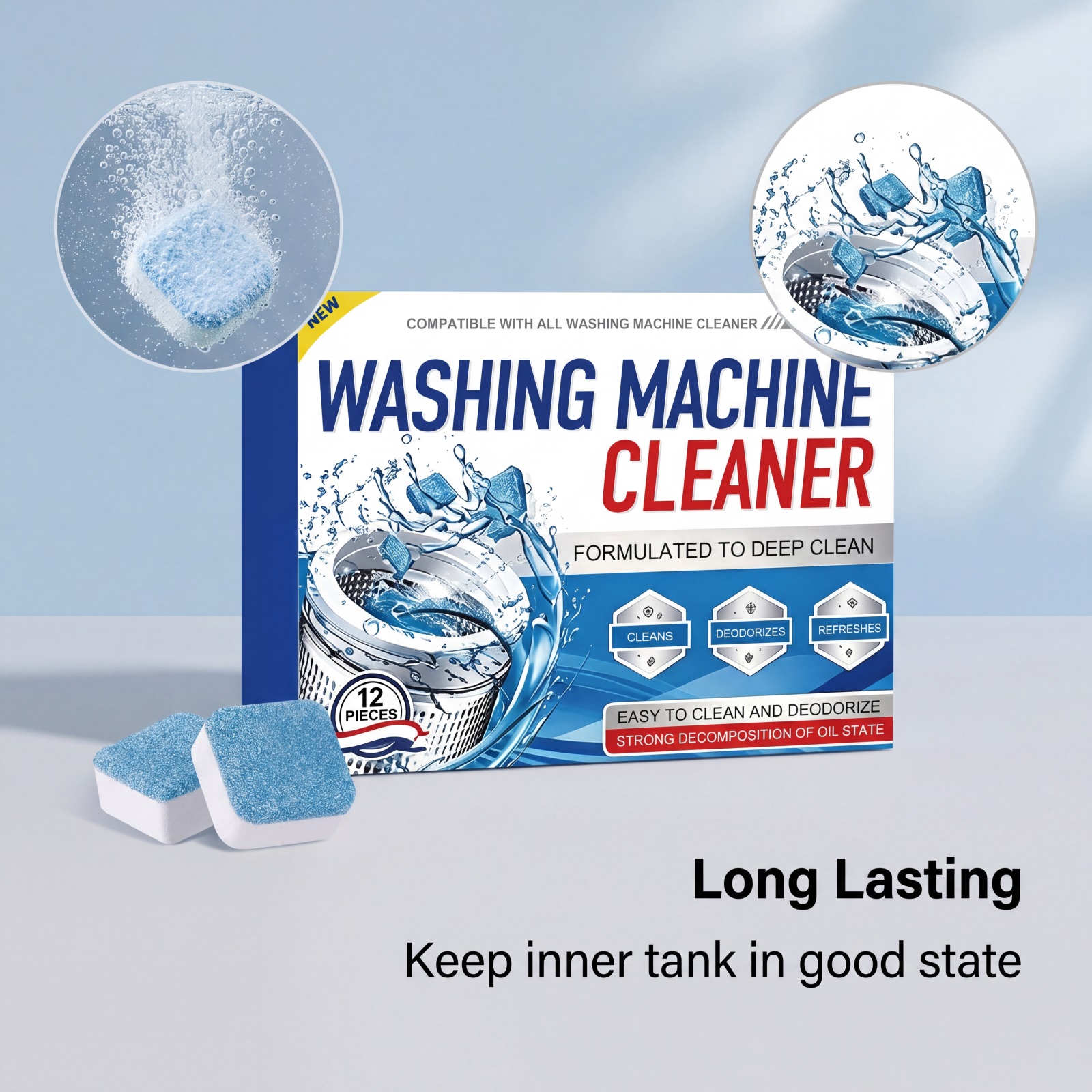 Washing Machine Cleaning Tablets Mild Clean Stain Limescale Odor Remove Fresh Long Lasting Fragrance Inner Drum