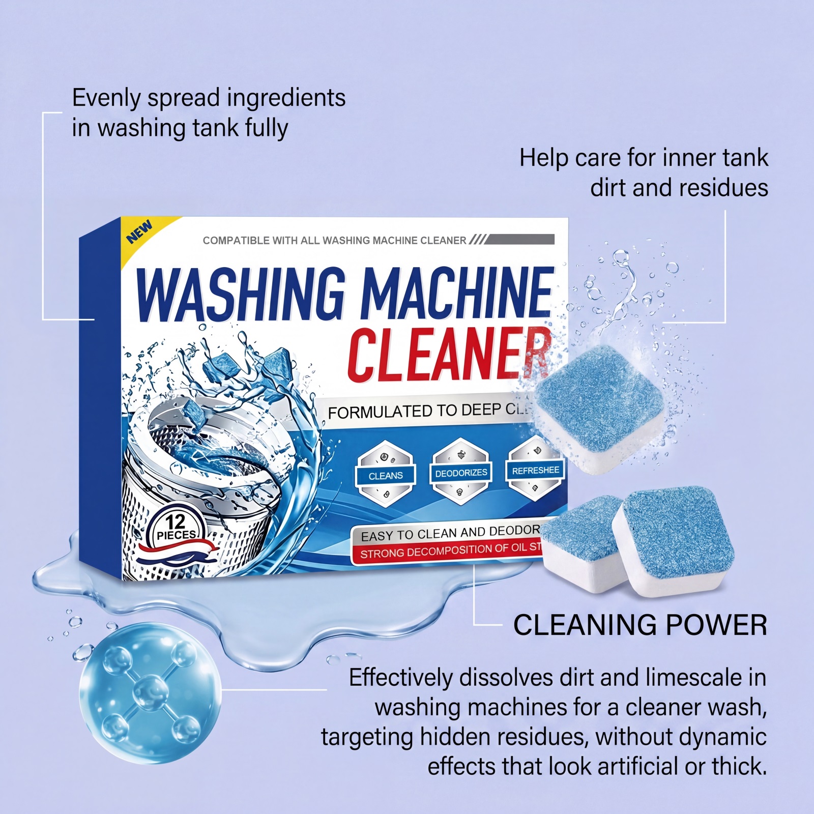 Washing Machine Cleaning Tablets Mild Clean Stain Limescale Odor Remove Fresh Long Lasting Fragrance Inner Drum