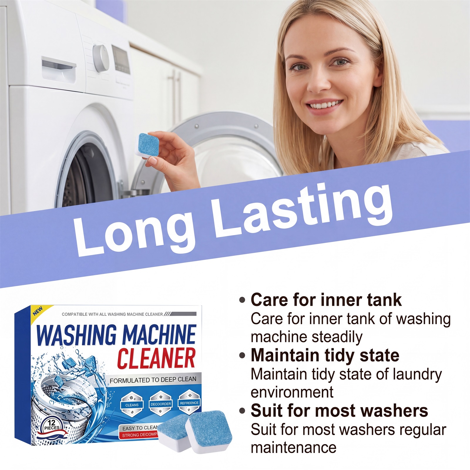 Washing Machine Cleaning Tablets Mild Clean Stain Limescale Odor Remove Fresh Long Lasting Fragrance Inner Drum
