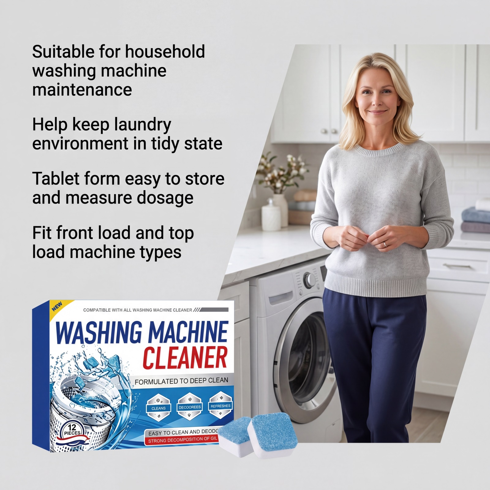 Washing Machine Cleaning Tablets Mild Clean Stain Limescale Odor Remove Fresh Long Lasting Fragrance Inner Drum