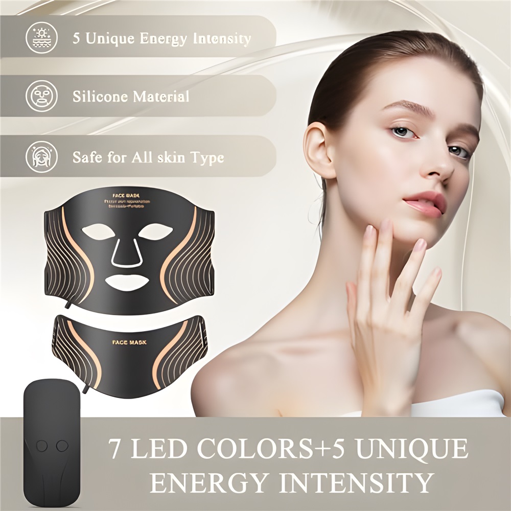 (Light Therapy Face Mask With Neck) Silicone LED Face Mask 7 Colors Portable Photon Red Light Therapy Facial Mask for Anti-Aging Wrinkles Skin Rejuvenation Repair Skin Home Use Beauty Device