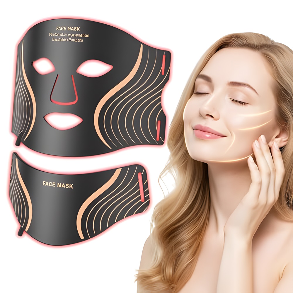 (Light Therapy Face Mask With Neck) Silicone LED Face Mask 7 Colors Portable Photon Red Light Therapy Facial Mask for Anti-Aging Wrinkles Skin Rejuvenation Repair Skin Home Use Beauty Device