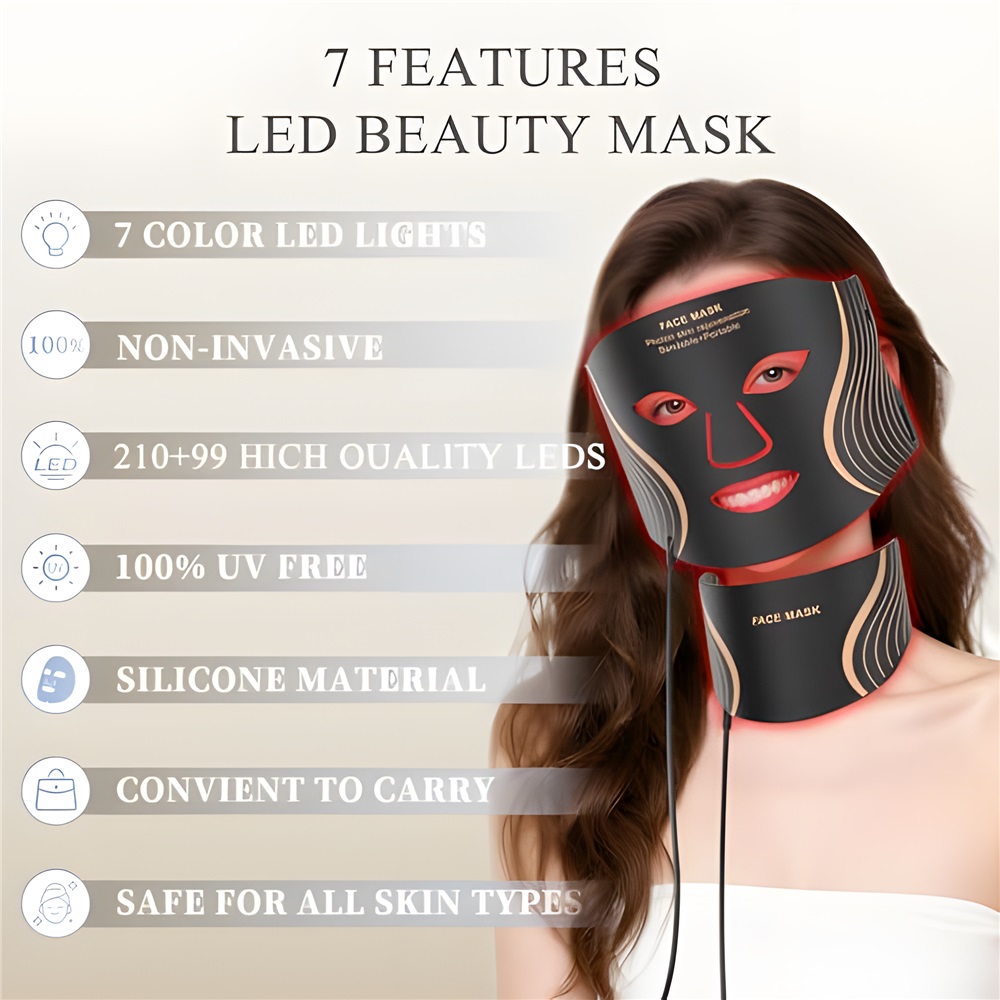 (Light Therapy Face Mask With Neck) Silicone LED Face Mask 7 Colors Portable Photon Red Light Therapy Facial Mask for Anti-Aging Wrinkles Skin Rejuvenation Repair Skin Home Use Beauty Device