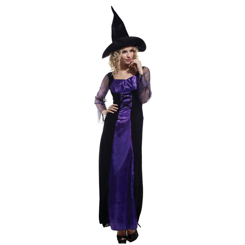 (155~165cm) Adult Ladies Classic Purple Witch Fancy Dress Halloween Costume & Hat Book Week Outfit