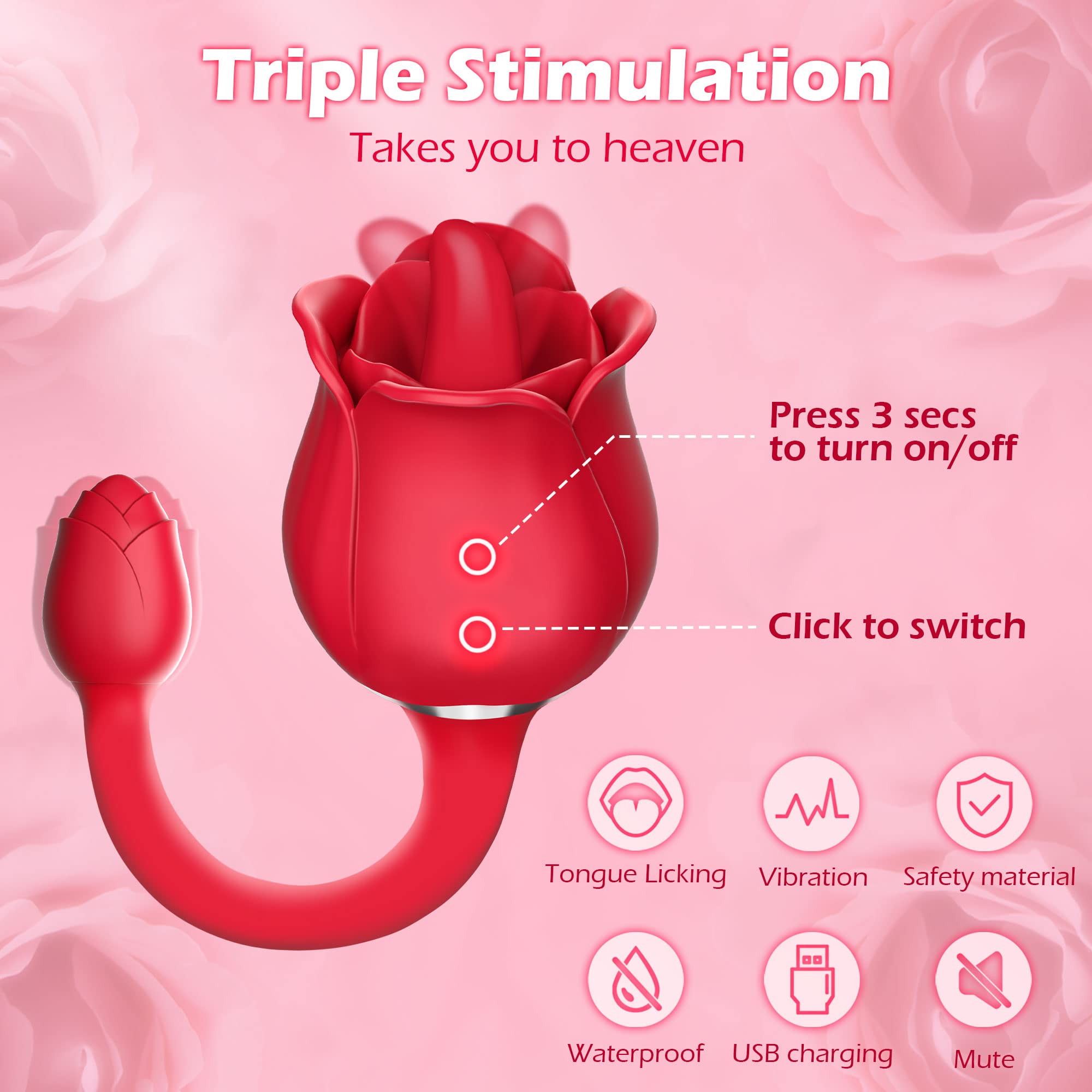 Rose Sex Toy G Spot Vibrator for Women Adjustable Massager Wand Dildo Tongue Adult Toys with 9 Tongue Licking and Vibrating Modes
