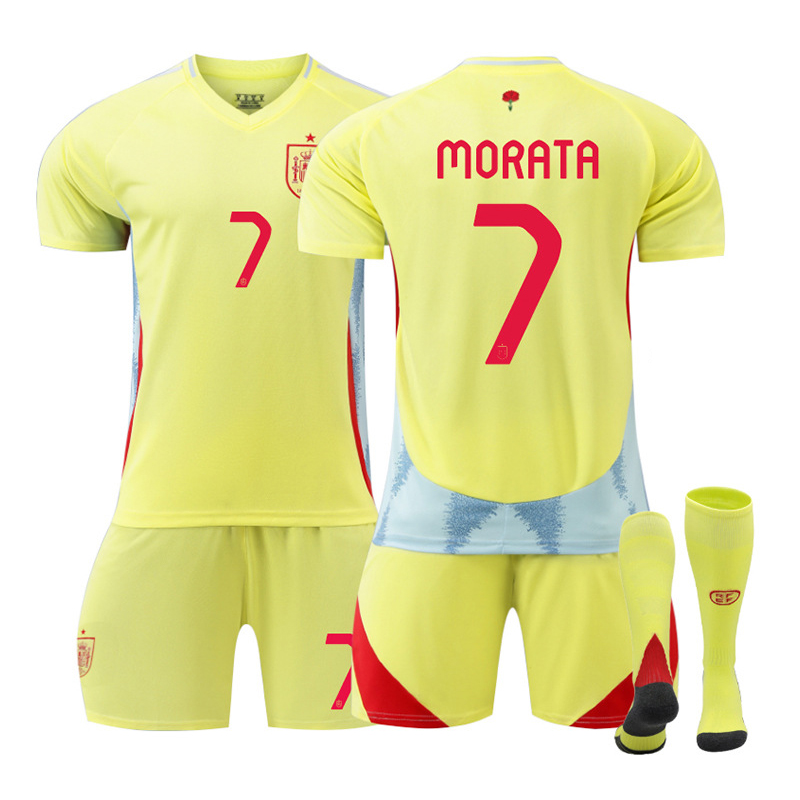 (Kids 2~3 Years) Football Kit for Kids Training Set  Shirts Shorts Socks Euro 2024 Spain Away Kit with Morat No. 7 Football Jersey Outdoor Sportswear Soccer Tracksuit