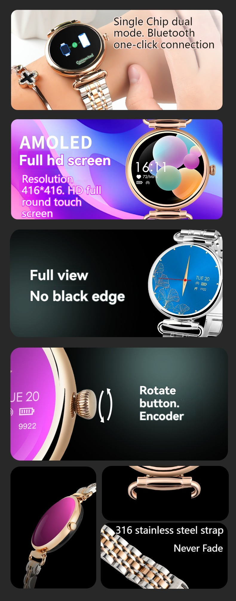 (Gold) Women Smart Watch 1.28 Inch AMOLED HD Screen 3D Gem Mirror Stainless Steel BT Call Female Security Period Blood Oxygen
