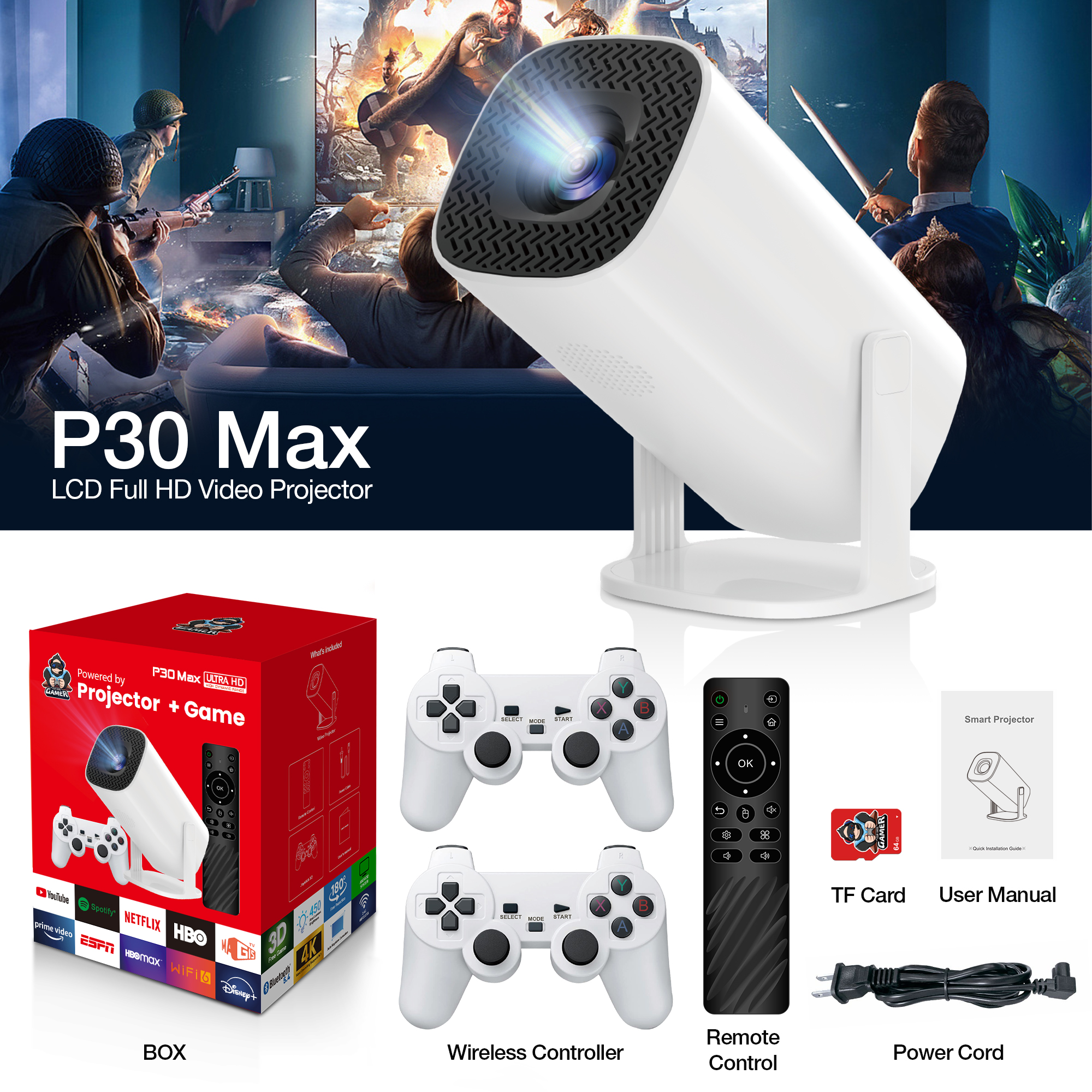 Game Projector Support 4K 1080P Android Portable Projector High Definition with 2 Wireless Game Controllers Video Game Console Home Theater Projector