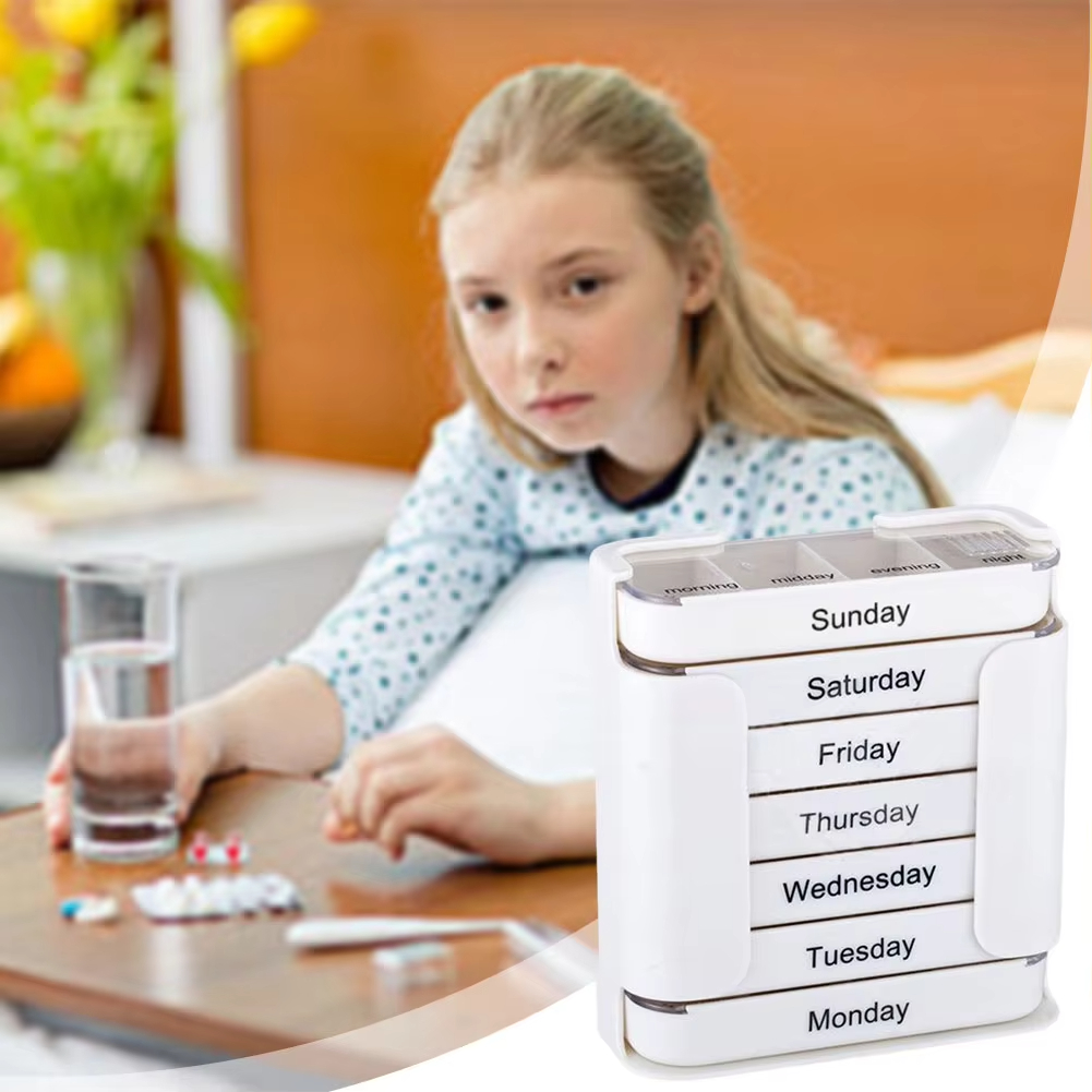 (Pink) Portable Pill Case Box Colorful Design Stackable 4 Times A Day Medicine Storage Dispenser Weekly 7 Days Pill Organizer  for Morning Noon Evening Night