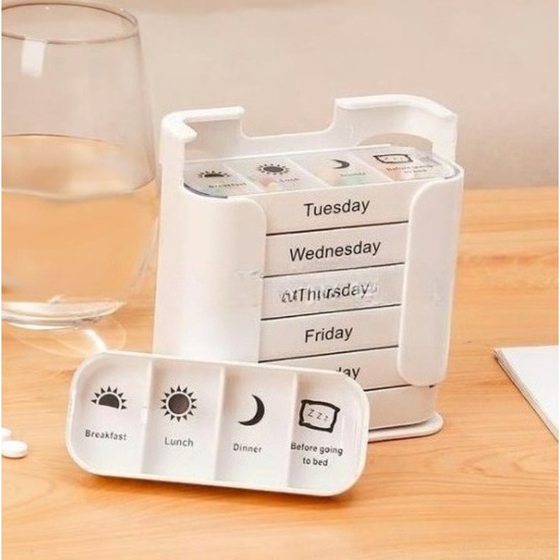 (Pink) Portable Pill Case Box Colorful Design Stackable 4 Times A Day Medicine Storage Dispenser Weekly 7 Days Pill Organizer  for Morning Noon Evening Night