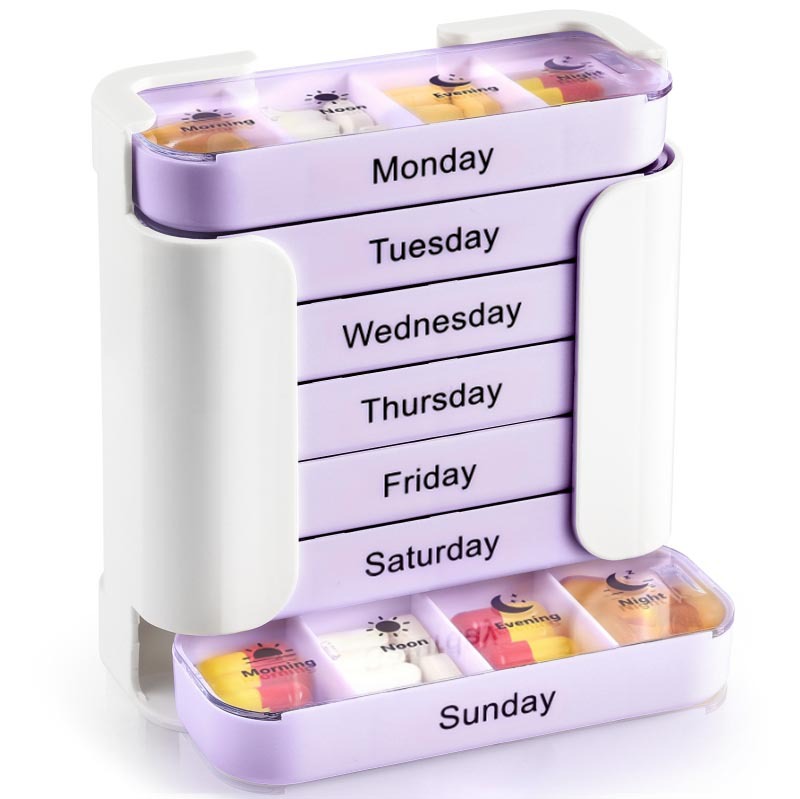 (Pink) Portable Pill Case Box Colorful Design Stackable 4 Times A Day Medicine Storage Dispenser Weekly 7 Days Pill Organizer  for Morning Noon Evening Night