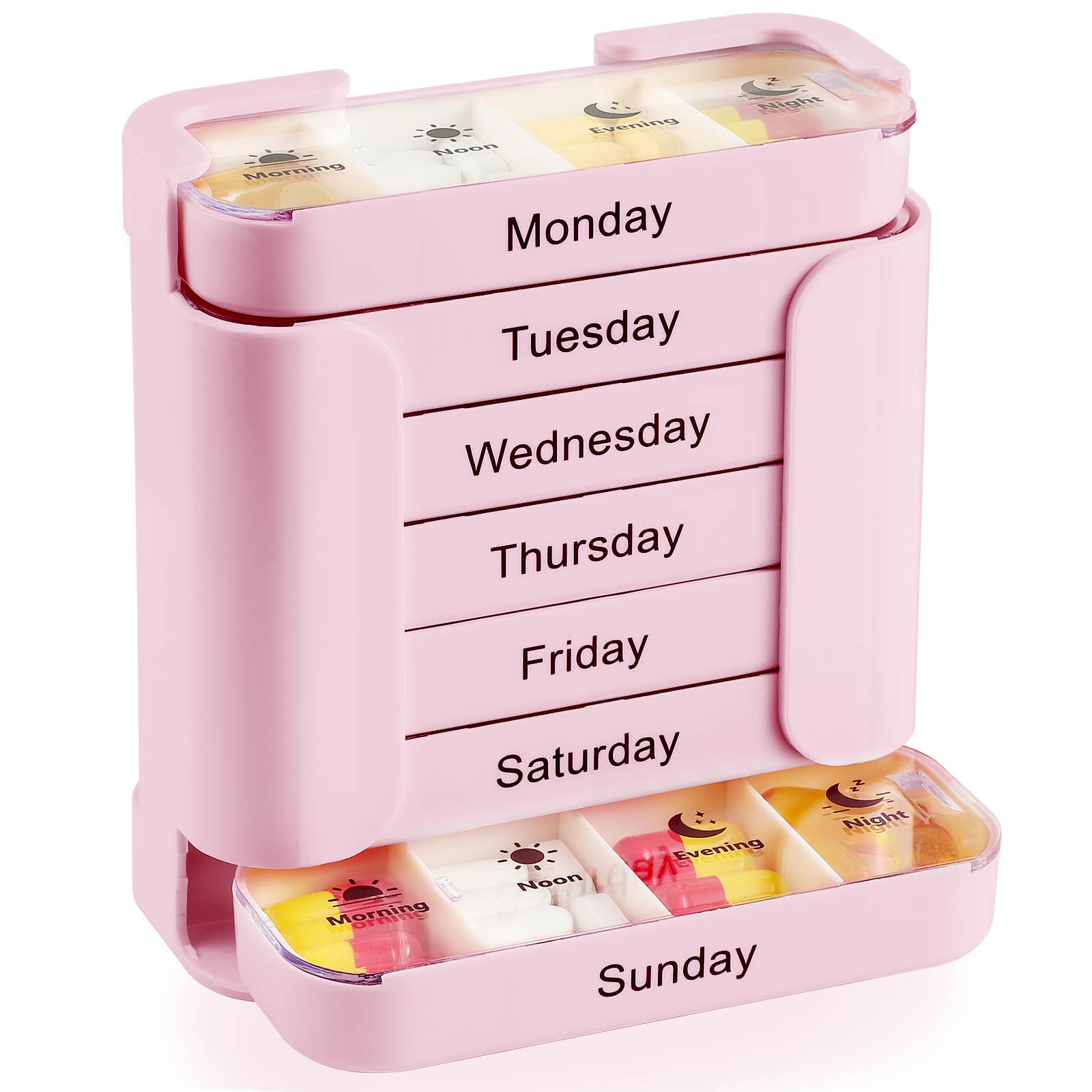 (Pink) Portable Pill Case Box Colorful Design Stackable 4 Times A Day Medicine Storage Dispenser Weekly 7 Days Pill Organizer  for Morning Noon Evening Night