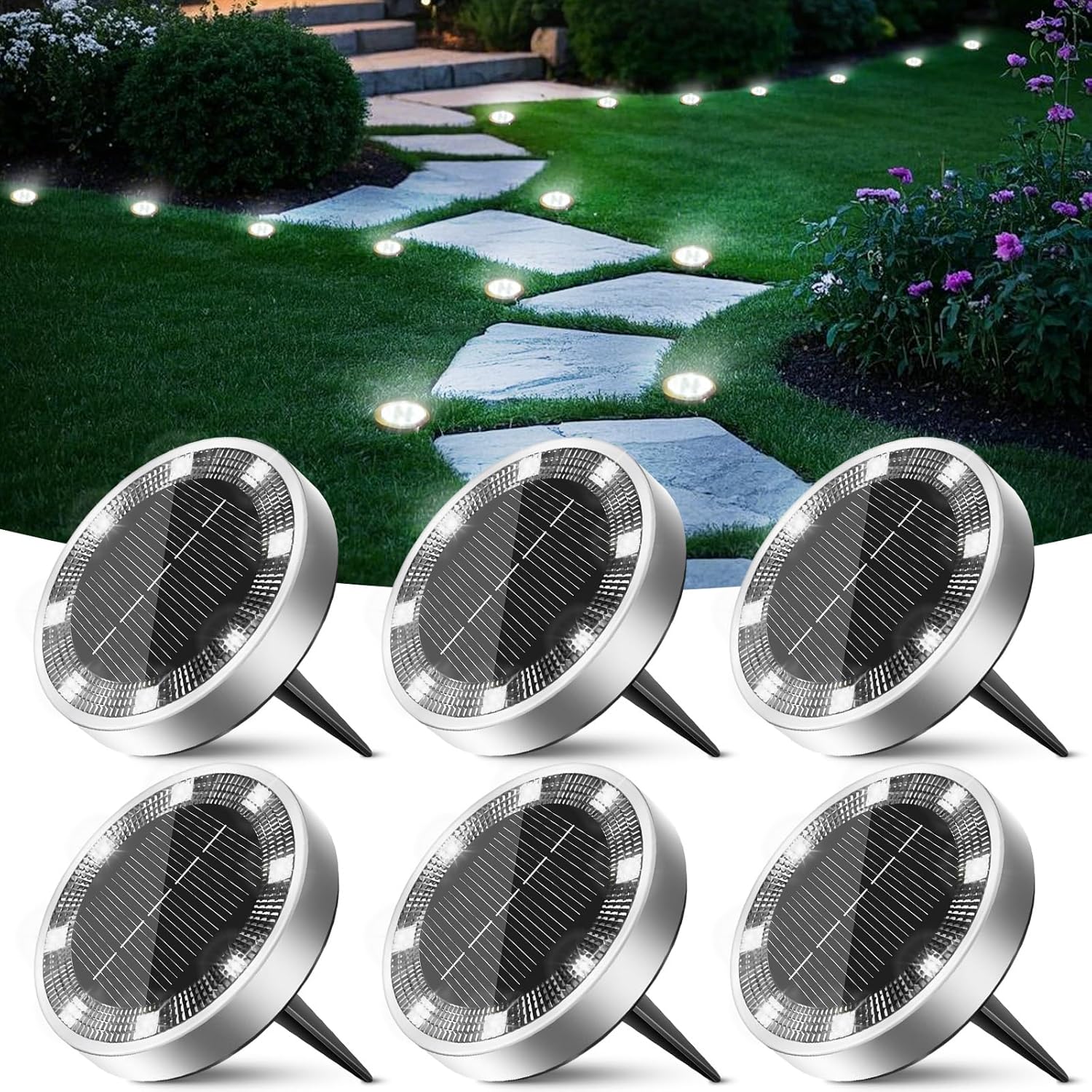6 Pack Solar Lights Outdoor Garden Solar Ground Light Waterproof Disk Lights for Pathway Patio Yard Lawn Landscape 