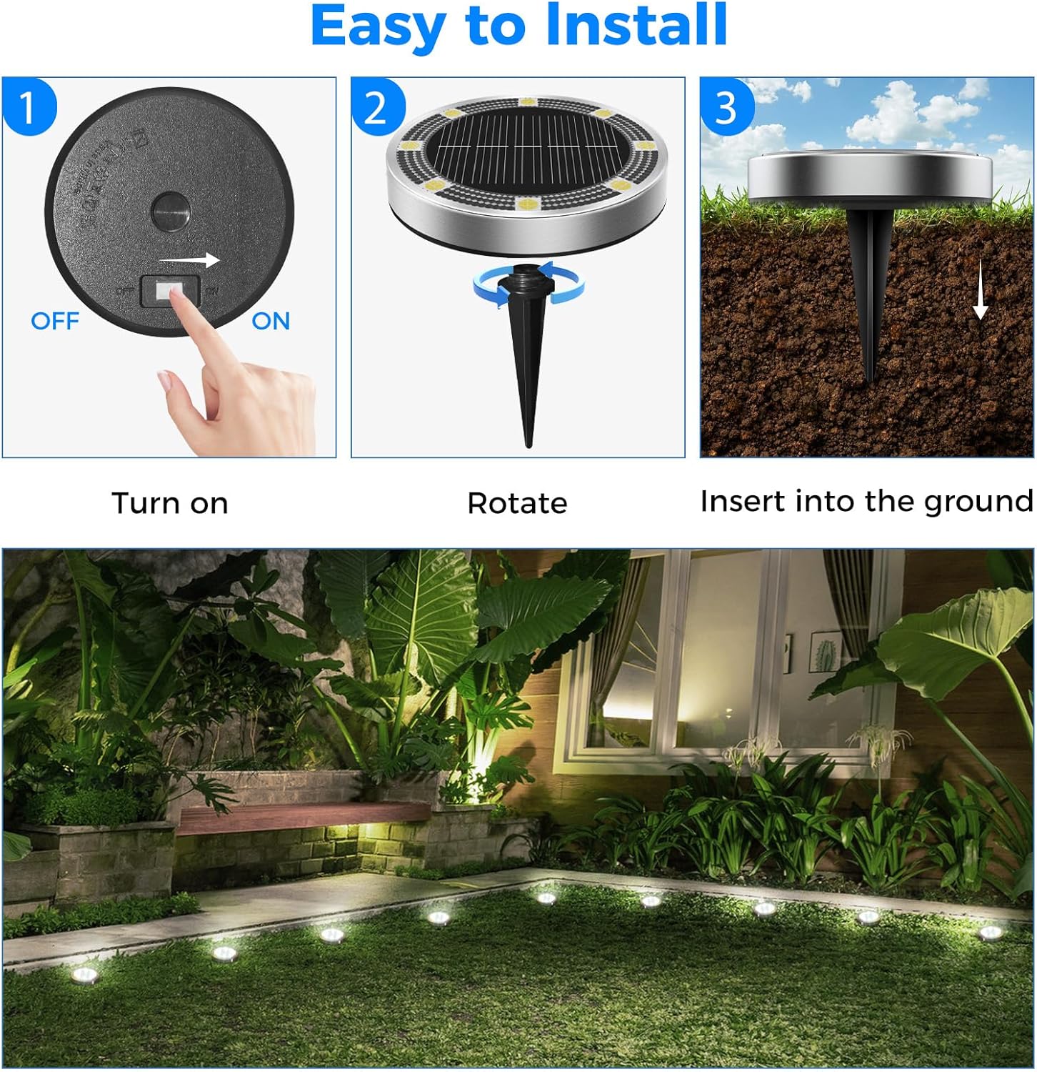 6 Pack Solar Lights Outdoor Garden Solar Ground Light Waterproof Disk Lights for Pathway Patio Yard Lawn Landscape 