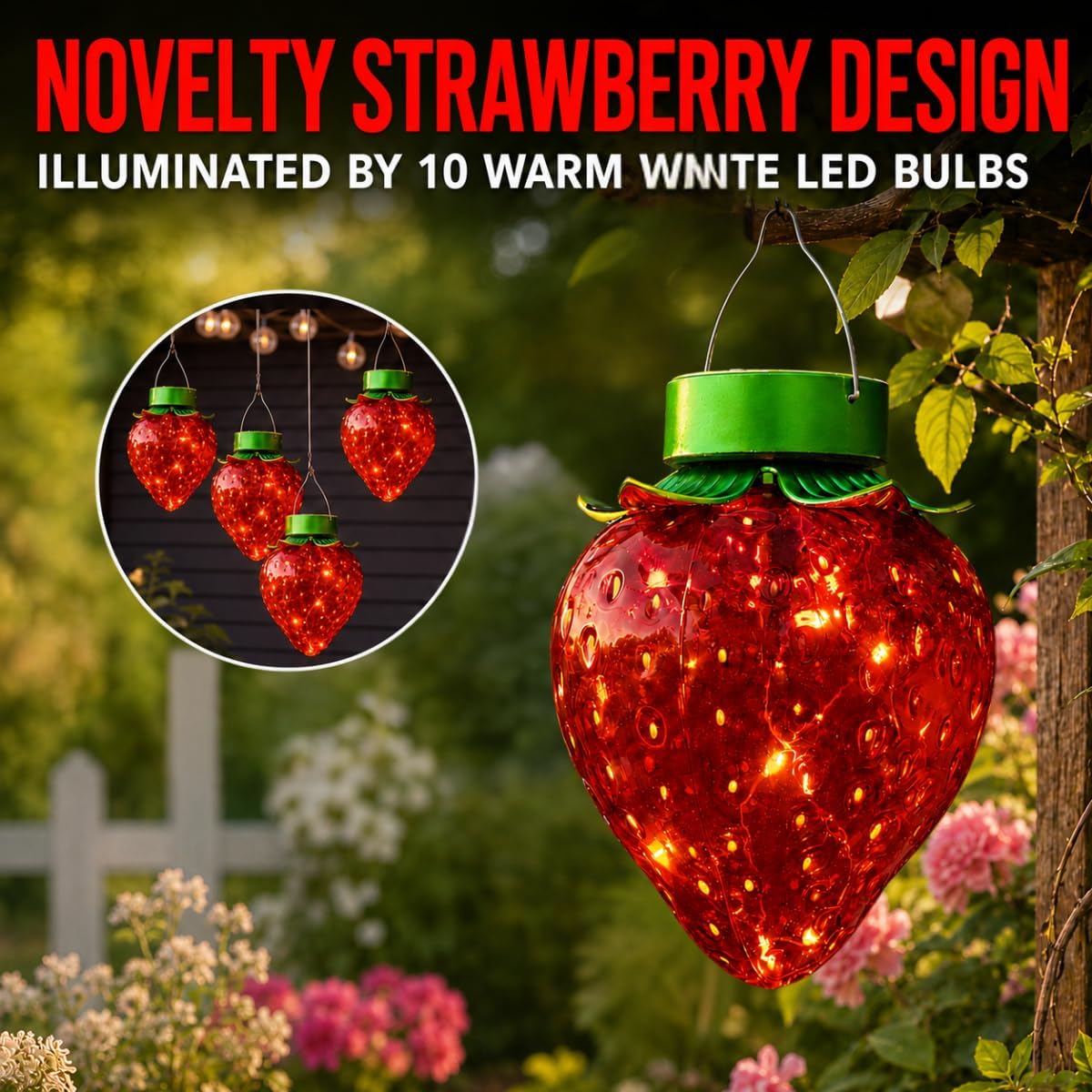 20cm Solar Power Strawberry Decorative Outdoor Hanging LED Lantern  Red Green Garden Novelty Light with 10 Warm White LEDs Rechargeable Battery IP44 
