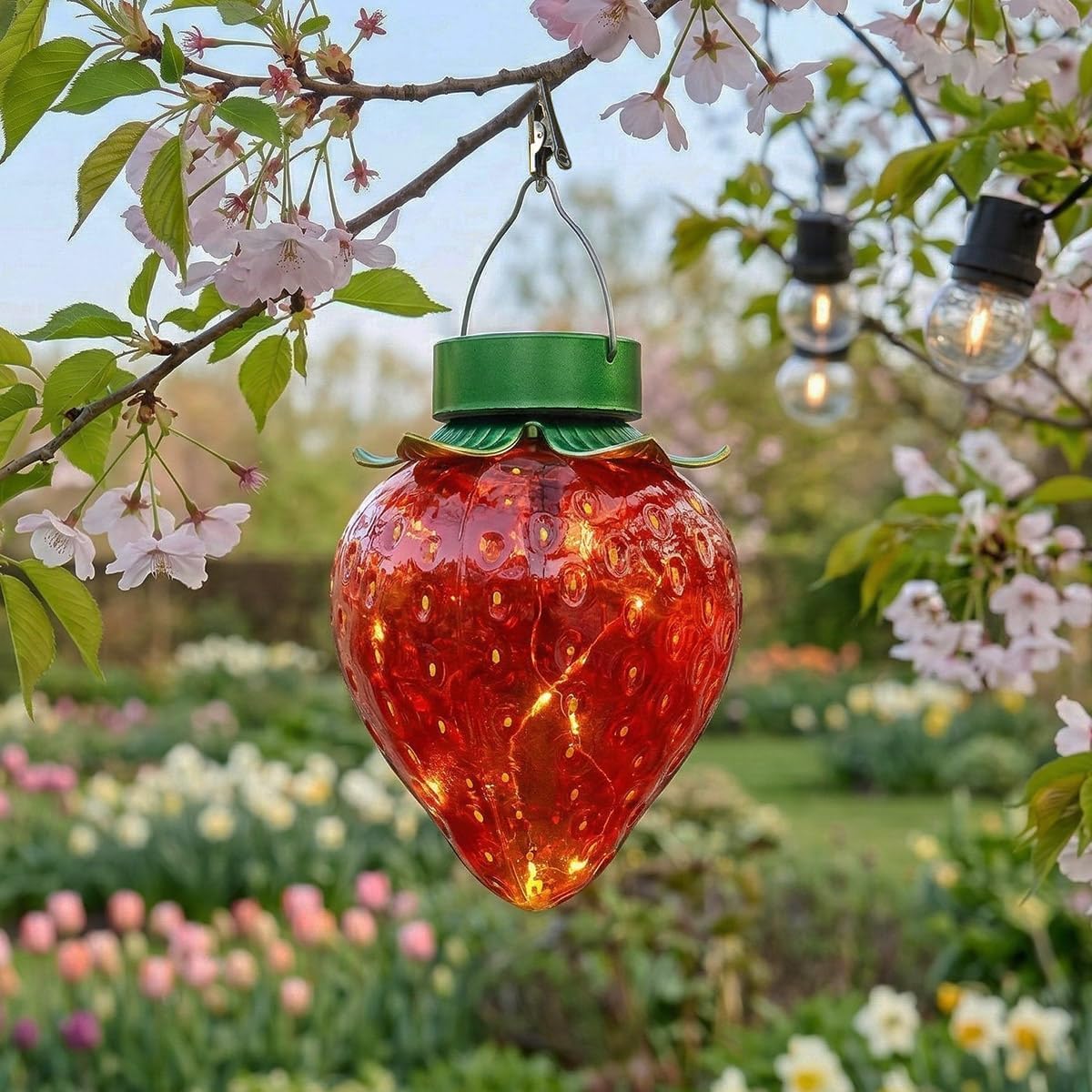 20cm Solar Power Strawberry Decorative Outdoor Hanging LED Lantern  Red Green Garden Novelty Light with 10 Warm White LEDs Rechargeable Battery IP44 