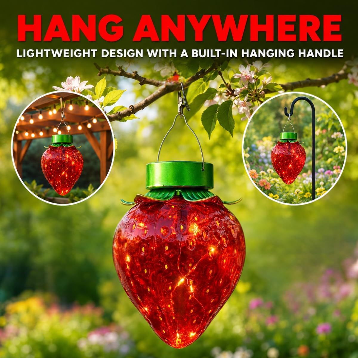 20cm Solar Power Strawberry Decorative Outdoor Hanging LED Lantern  Red Green Garden Novelty Light with 10 Warm White LEDs Rechargeable Battery IP44 