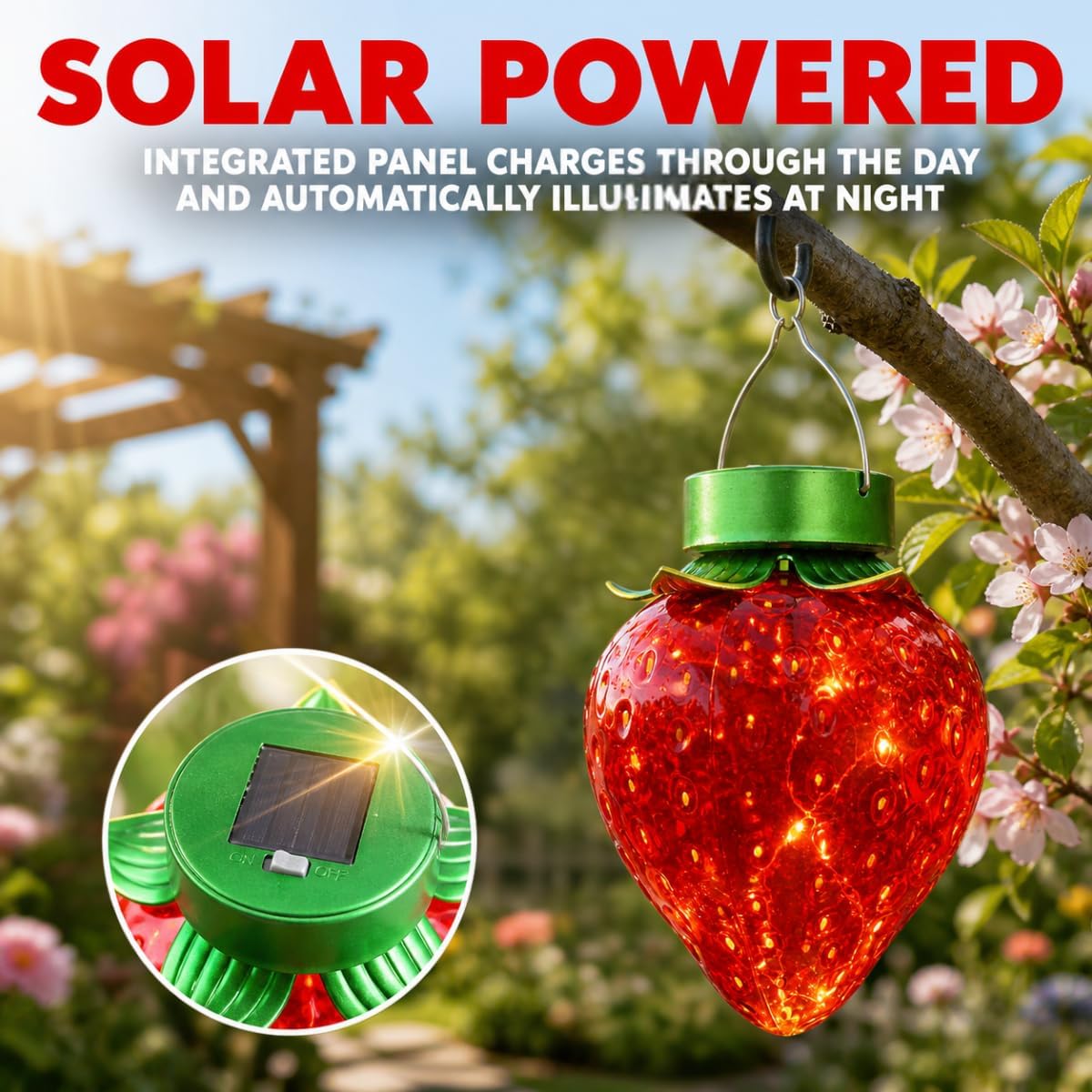 20cm Solar Power Strawberry Decorative Outdoor Hanging LED Lantern  Red Green Garden Novelty Light with 10 Warm White LEDs Rechargeable Battery IP44 