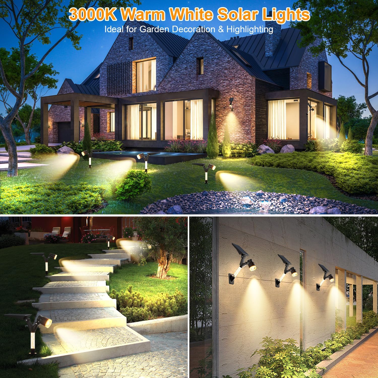 (Warm White) Solar Spot Light Outdoor Waterproof Solar Lights Outdoor Garden Wall Lights Dust to Dawn Dimmable Garden Landscape Spot Light Adjustable Spotlights for Yard