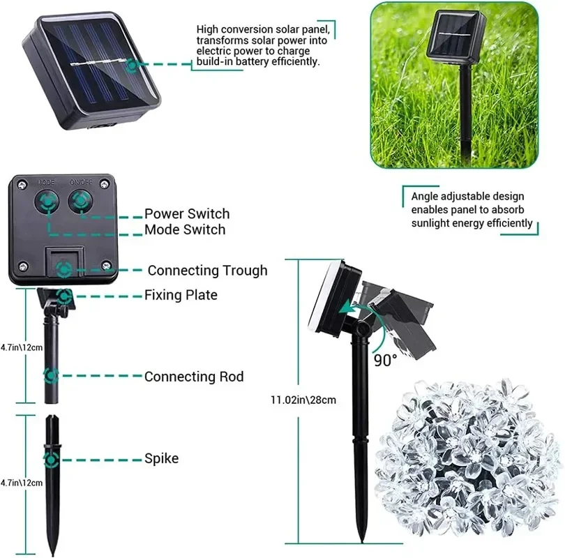 (RGB) Solar Cherry Garden Blossom Flower Lights Garlands String Lights Solar Outdoor Waterproof Lawn Pathway Christmas Decoration Lamp