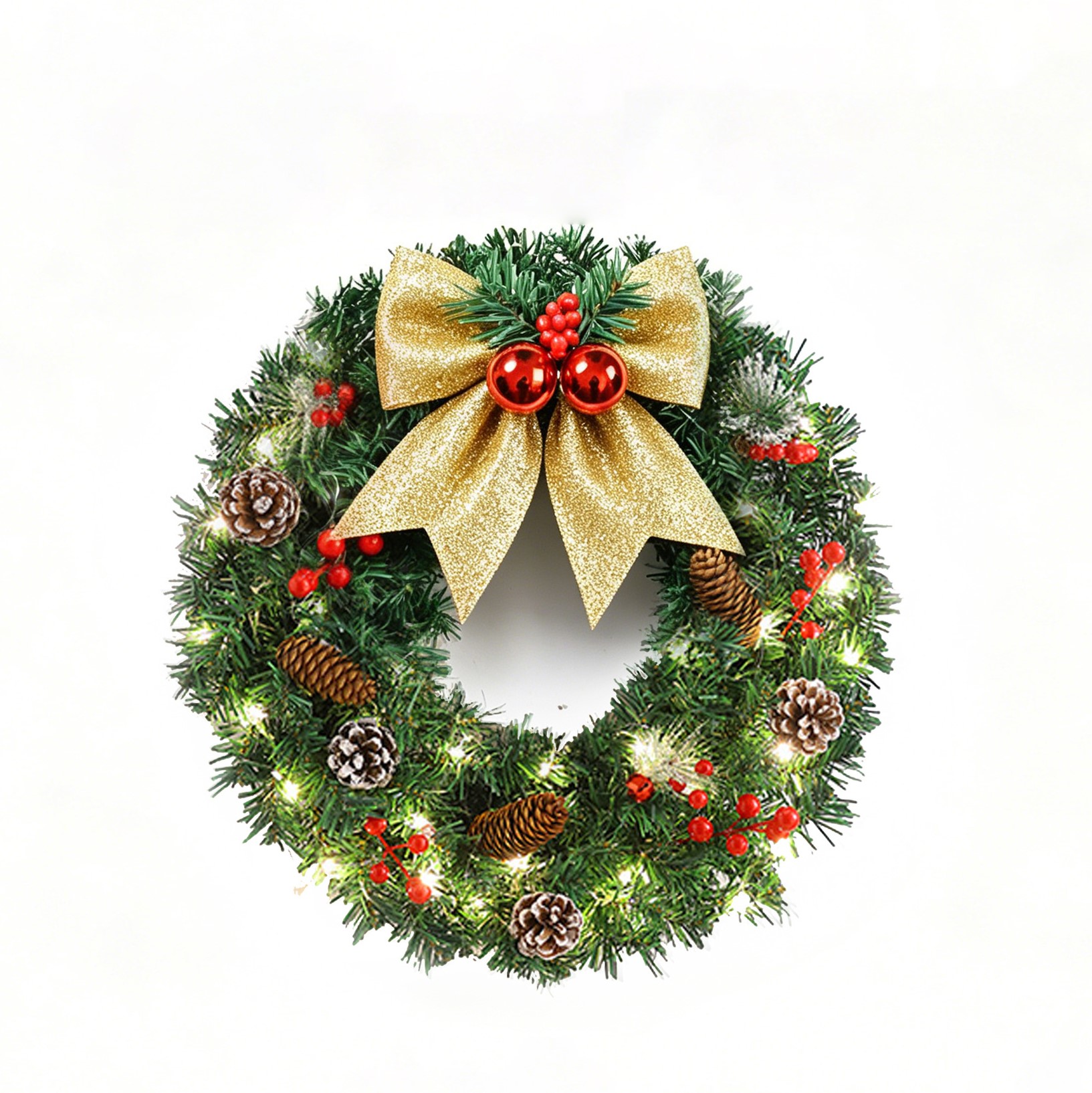 Christmas Greenery Wreath With Pinecones Bow Rattan And Lights For Holiday Home Door Wall Decoration 60cm
