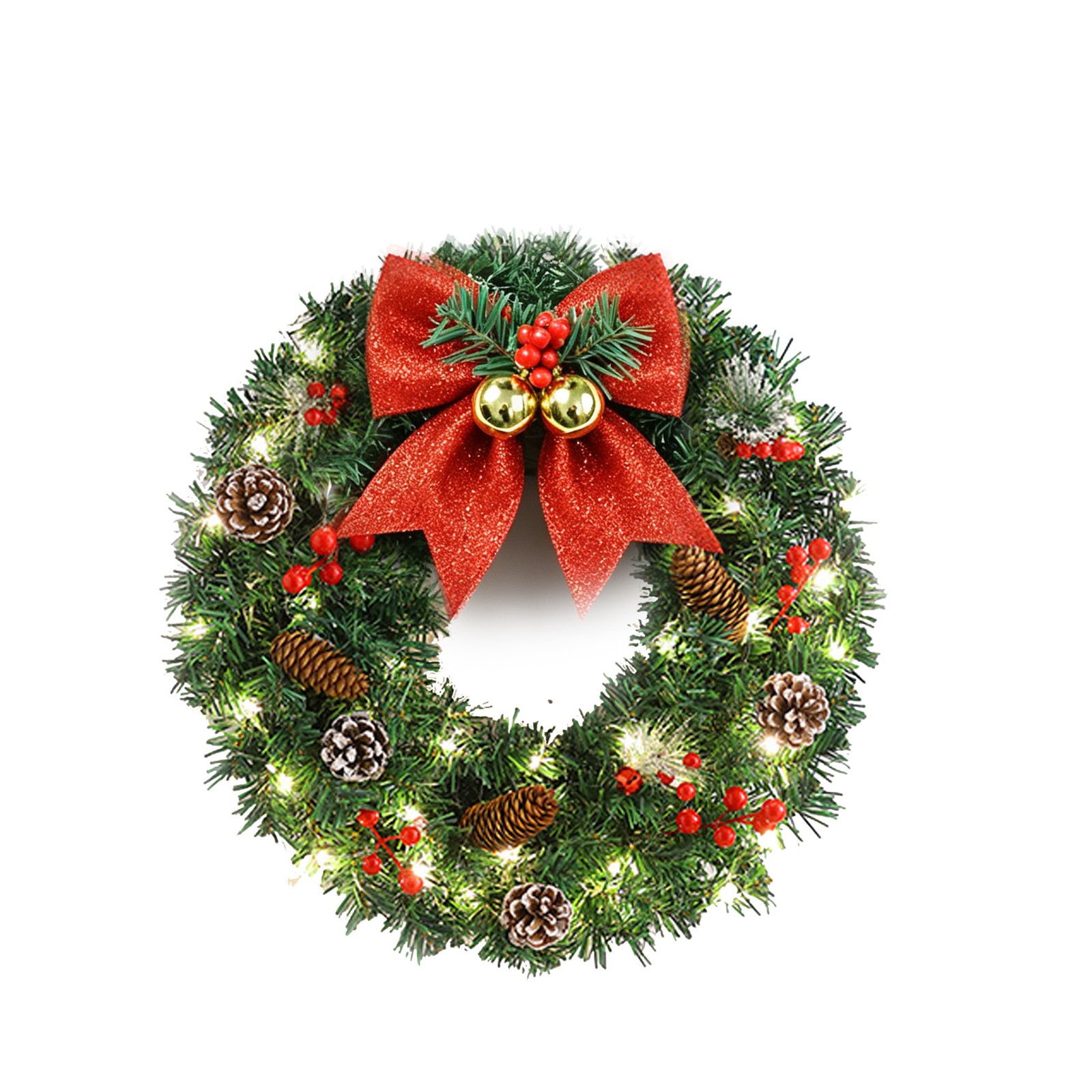 (Gold) Christmas Greenery Wreath With Pinecones Bow Rattan And Lights For Holiday Home Door Wall Decoration 60cm