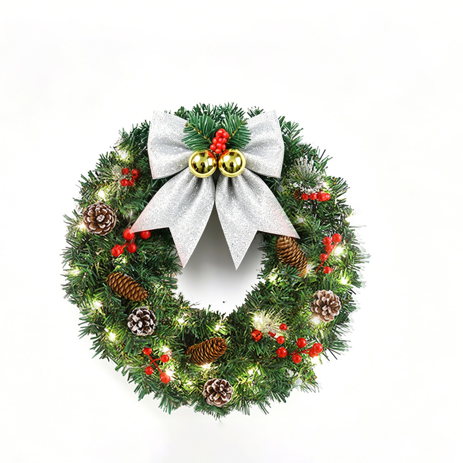 (Gold) Christmas Greenery Wreath With Pinecones Bow Rattan And Lights For Holiday Home Door Wall Decoration 60cm