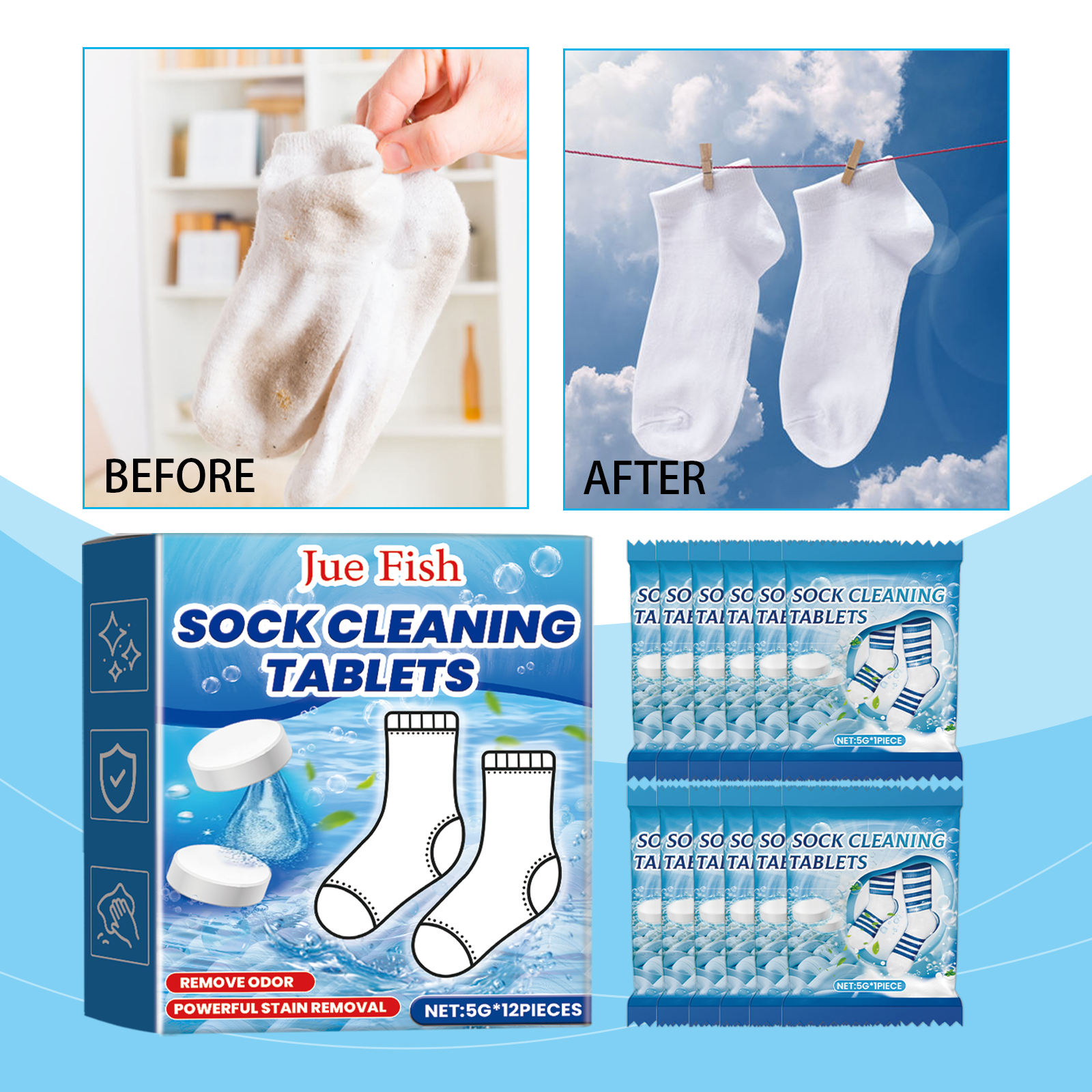 Sock Cleaning Effervescent Tablets Deep Cleansing Stain Remover Brightening Deodorizing For Laundry Home Use