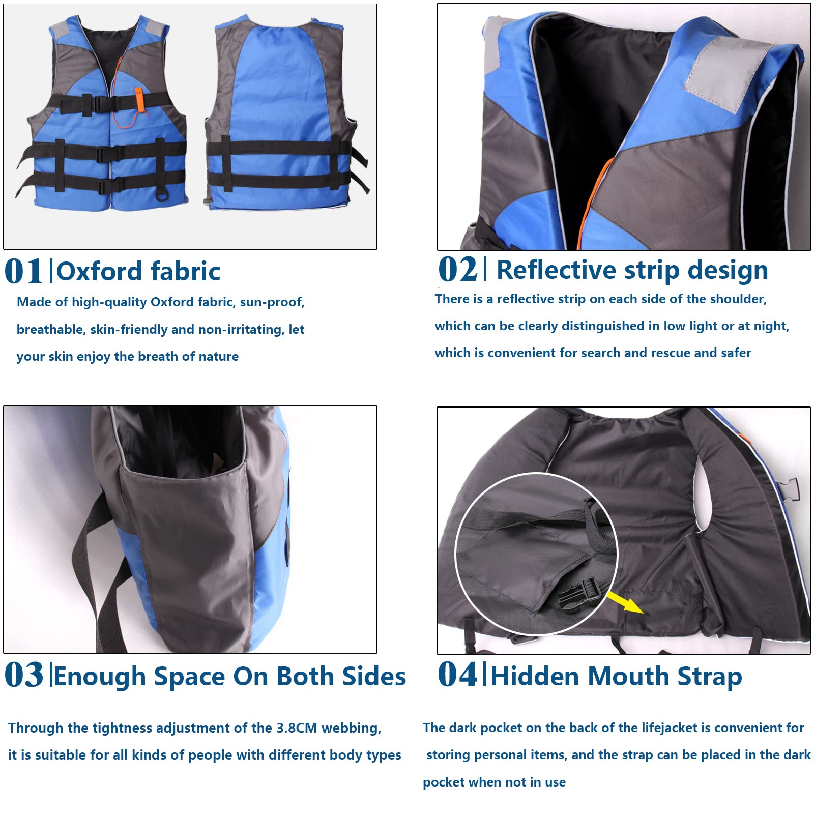 (Blue) Adult Life Jacket Vest Buoyancy Aid Unisex Adjustable Life Jacket Safety Swim Vest for Kayaking Paddle Boarding Fishing Surfing Snorkel Watersports Rafting Water Sport