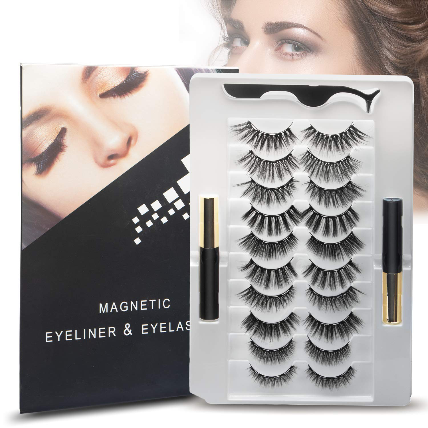 Magnetic Eyelashes Magnetic Eyeliner Kit 3D Magnetic False Lashes Natural Look Come with Professional Applicator and Tweezers Reusable Waterproof 10 Pairs