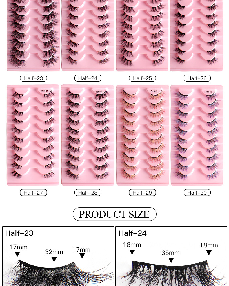 (Half~23) False Eyelashes Half Lashes Curl Faux Mink Lashes Fake Lashes Lightweight Fluffy Long Dramatic 10 Pairs Pack