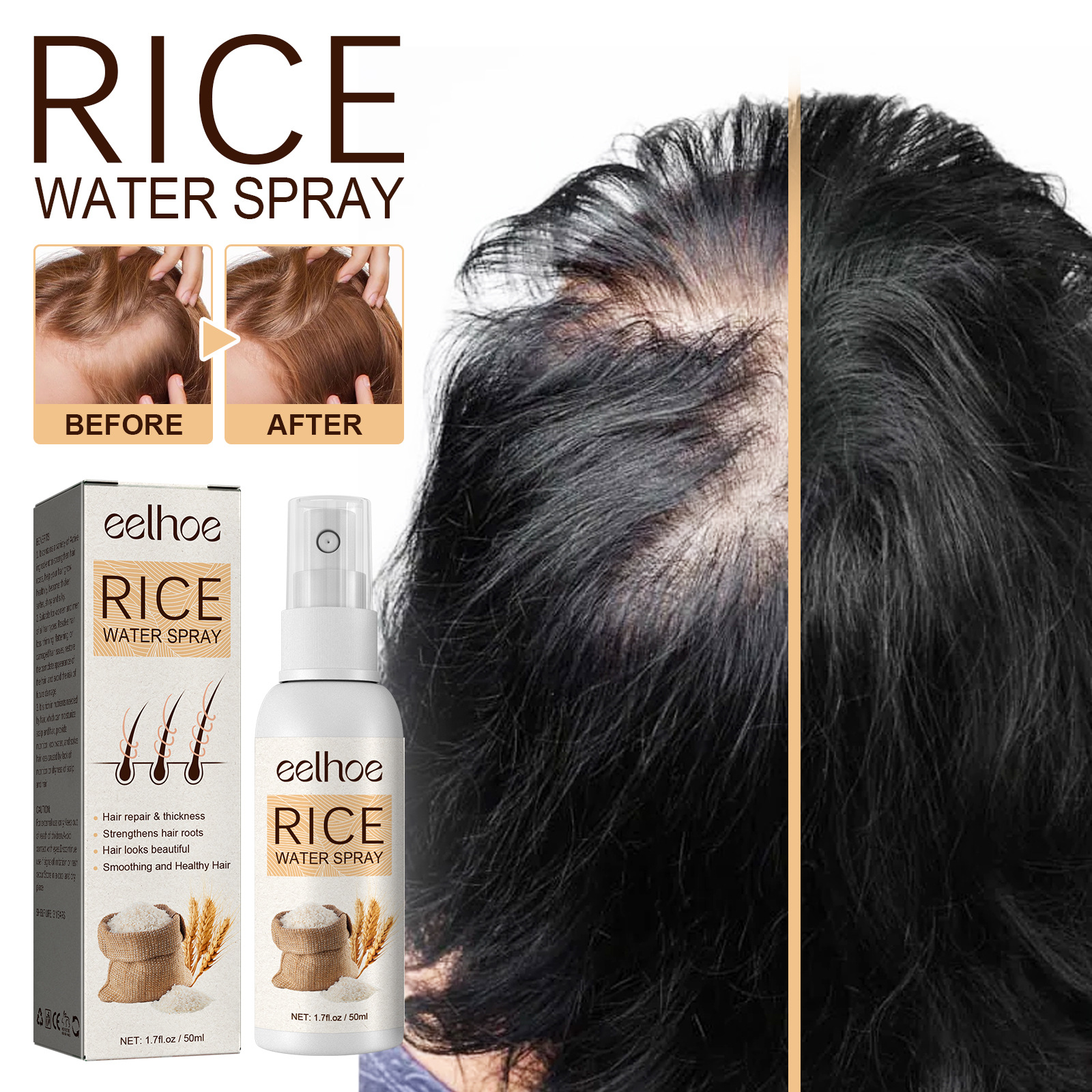 Hair Essence Rice Dense Hair Spray Hair Fast Growth Serum Snti-Hair Loss Seborrheic Hair Loss Repair Deep Care Hair Texture Man Woman 50ml