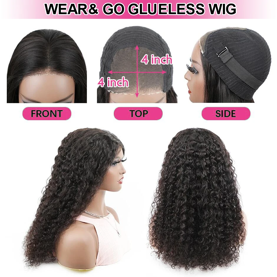 (18 inches) Water Wave Glueless Wig Pre-Cut Lace Wig 180 Percents Pre-Plucked Natural Wave Wear Go Glueless Curly Human Hair Wigs For Women