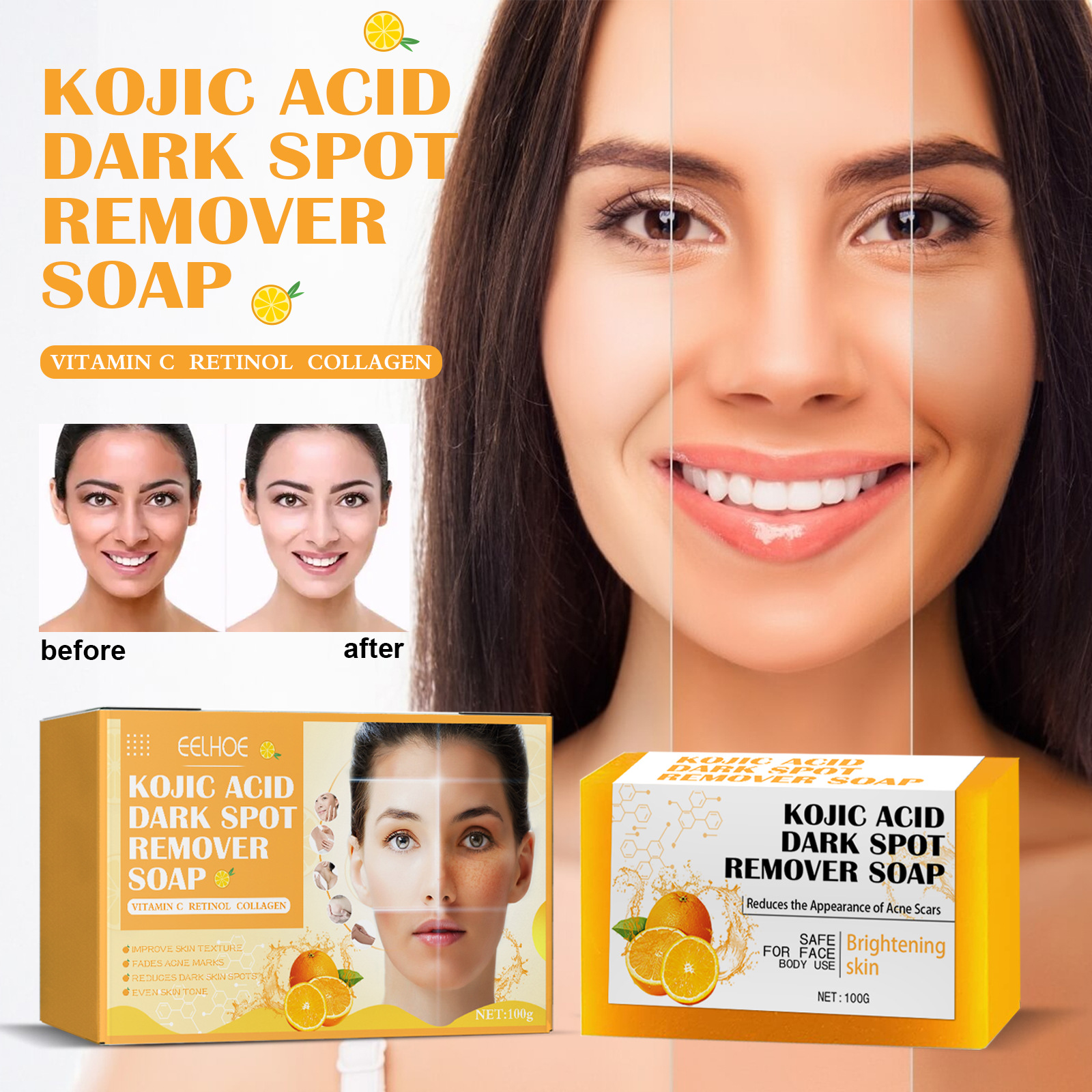 (1 PC) Kojic Acid Dark Spots Remover Soap Cleaning Even Skin Skin Brightener Oil Control Nourishing Hydration Skin Care Natural Turmeric Soap 100g