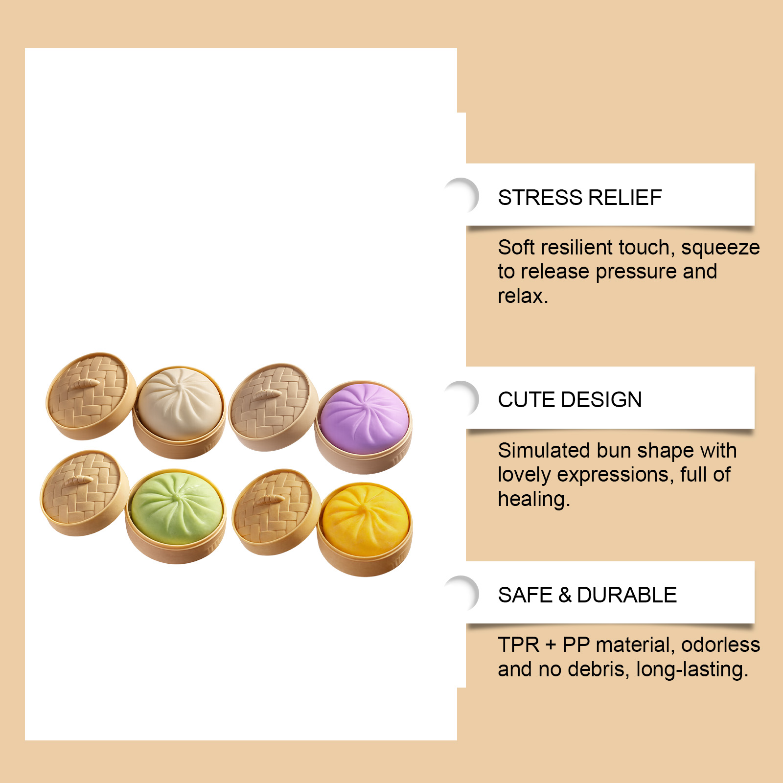 (Yellow) Colorful Dumpling Squishes Stress Balls Fidget Sensory Toys Simulation Food Squishies Bun with Steamer Squeeze Dough Ball Gifts