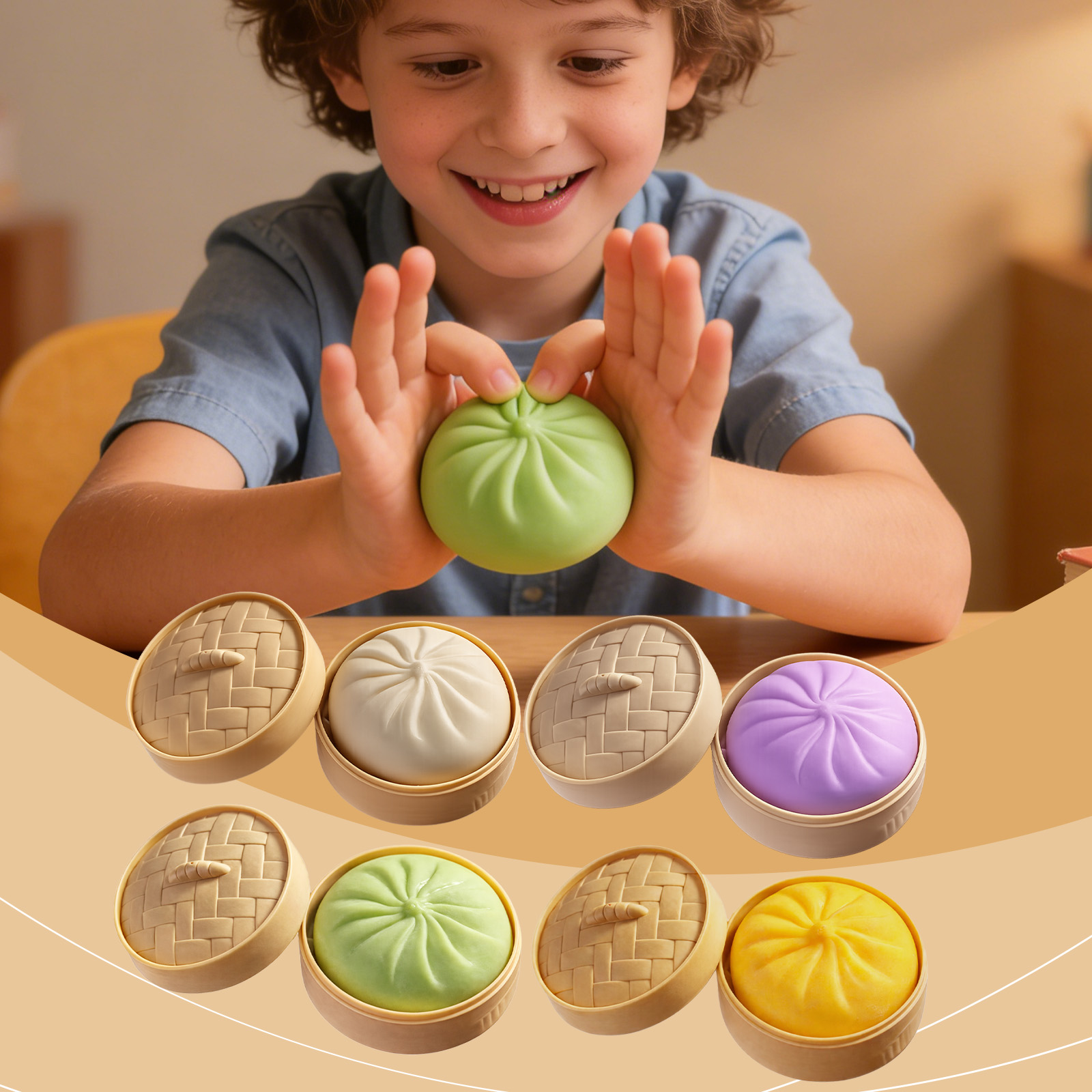 (Yellow) Colorful Dumpling Squishes Stress Balls Fidget Sensory Toys Simulation Food Squishies Bun with Steamer Squeeze Dough Ball Gifts