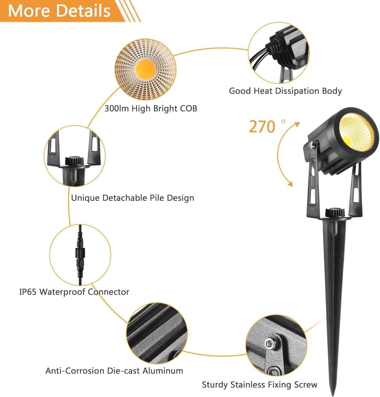 (Multicolor) Garden Spotlights Outdoor 6-Pack 21m Extendable to 8 LED 12V Spike Lights Mains Powered Waterproof Uplighters for Patio Path Lawn
