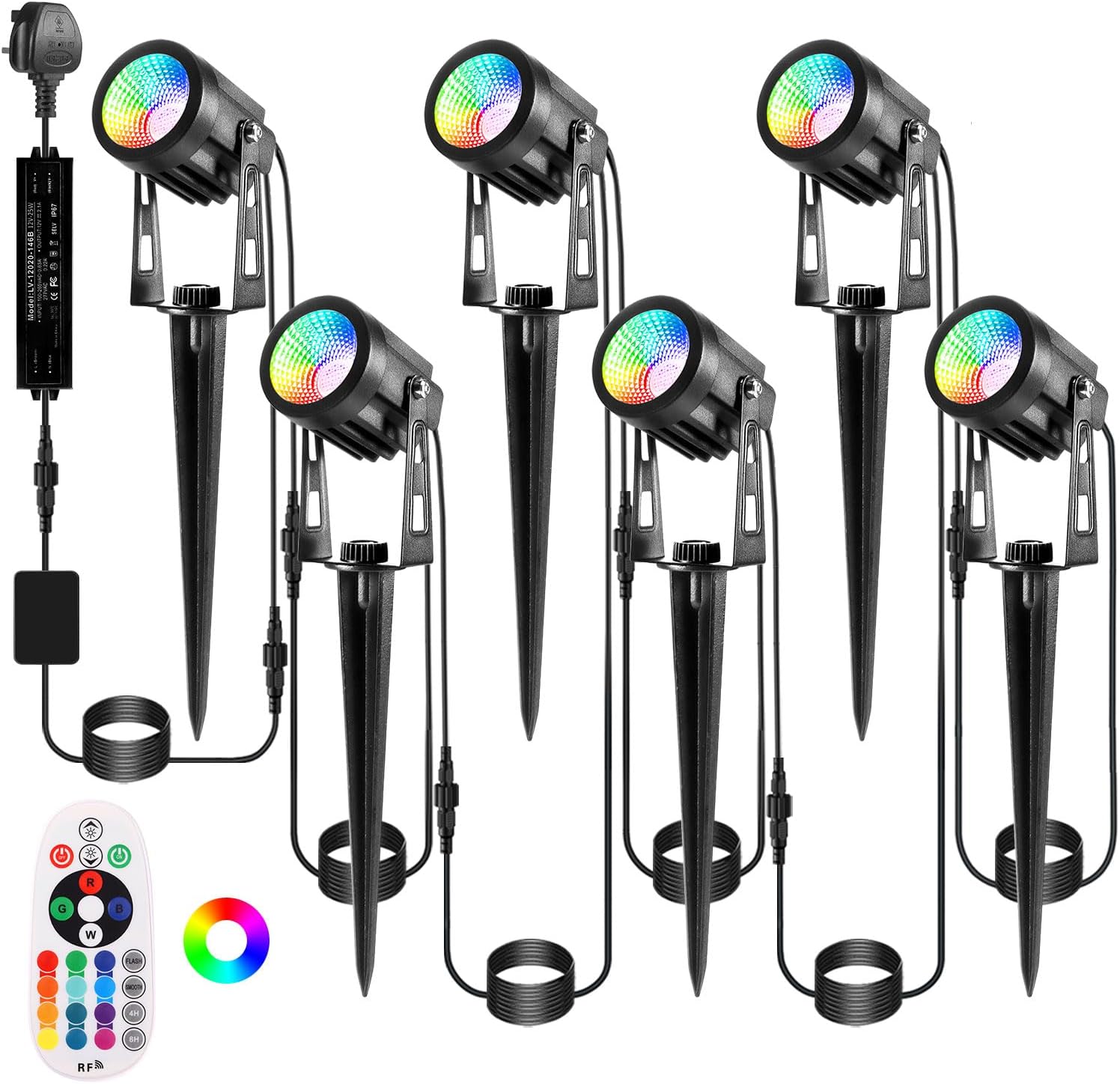 (Multicolor) Garden Spotlights Outdoor 6-Pack 21m Extendable to 8 LED 12V Spike Lights Mains Powered Waterproof Uplighters for Patio Path Lawn