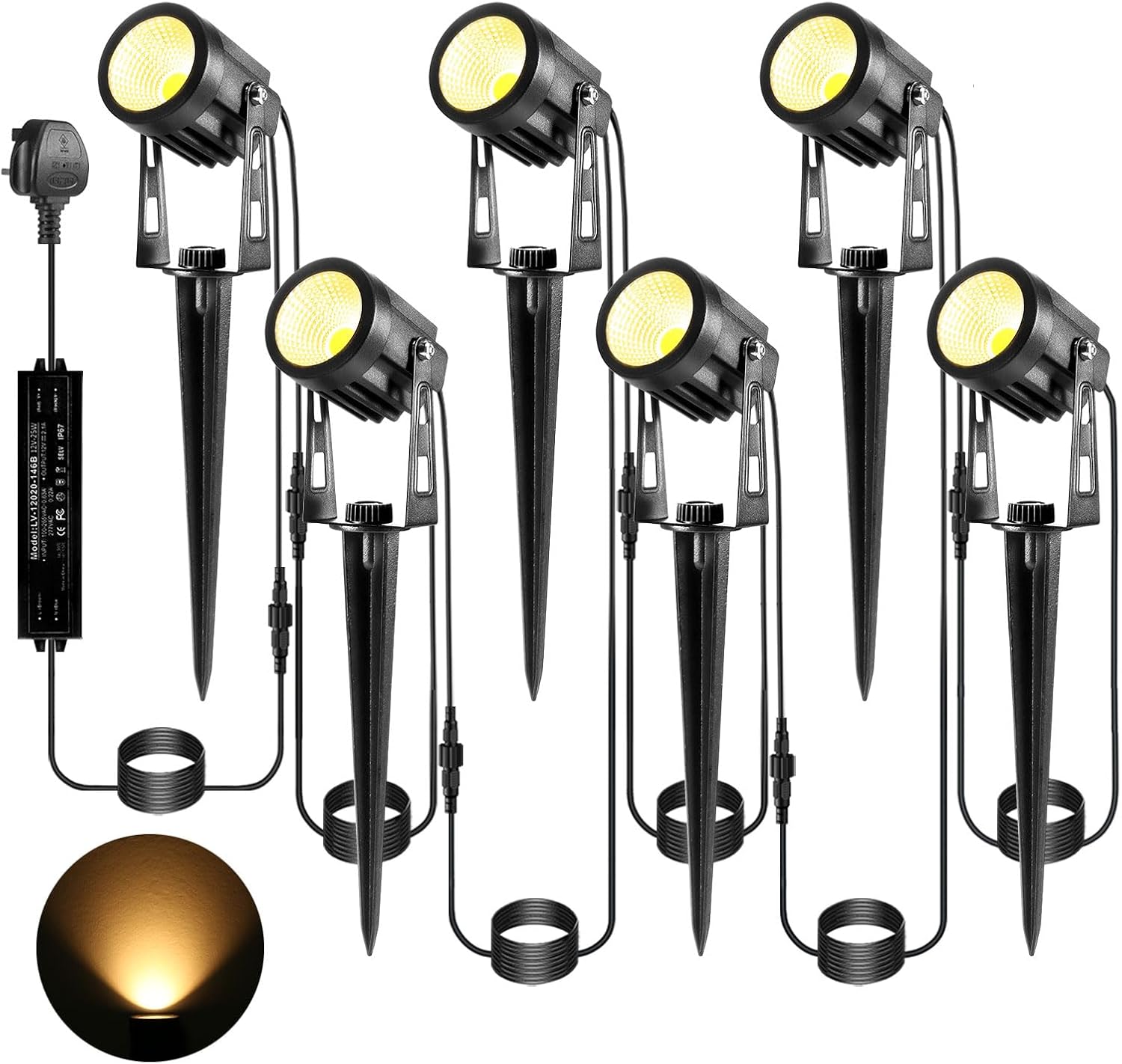 (Multicolor) Garden Spotlights Outdoor 6-Pack 21m Extendable to 8 LED 12V Spike Lights Mains Powered Waterproof Uplighters for Patio Path Lawn