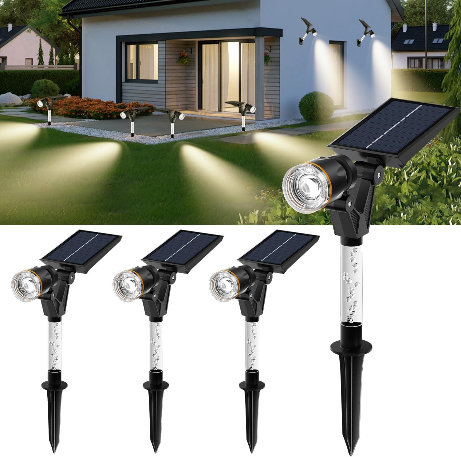 (Warm White) Solar Spot Lights Outdoor Garden Solar Garden Lights 4 Pack Bright 3000K Warm White Auto On/Off Landscape Spotlight 3 Lighting Modes Waterproof Wall Lights 