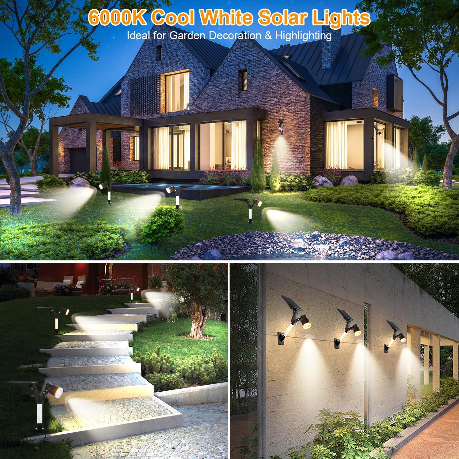 (Warm White) Solar Spot Lights Outdoor Garden Solar Garden Lights 4 Pack Bright 3000K Warm White Auto On/Off Landscape Spotlight 3 Lighting Modes Waterproof Wall Lights 