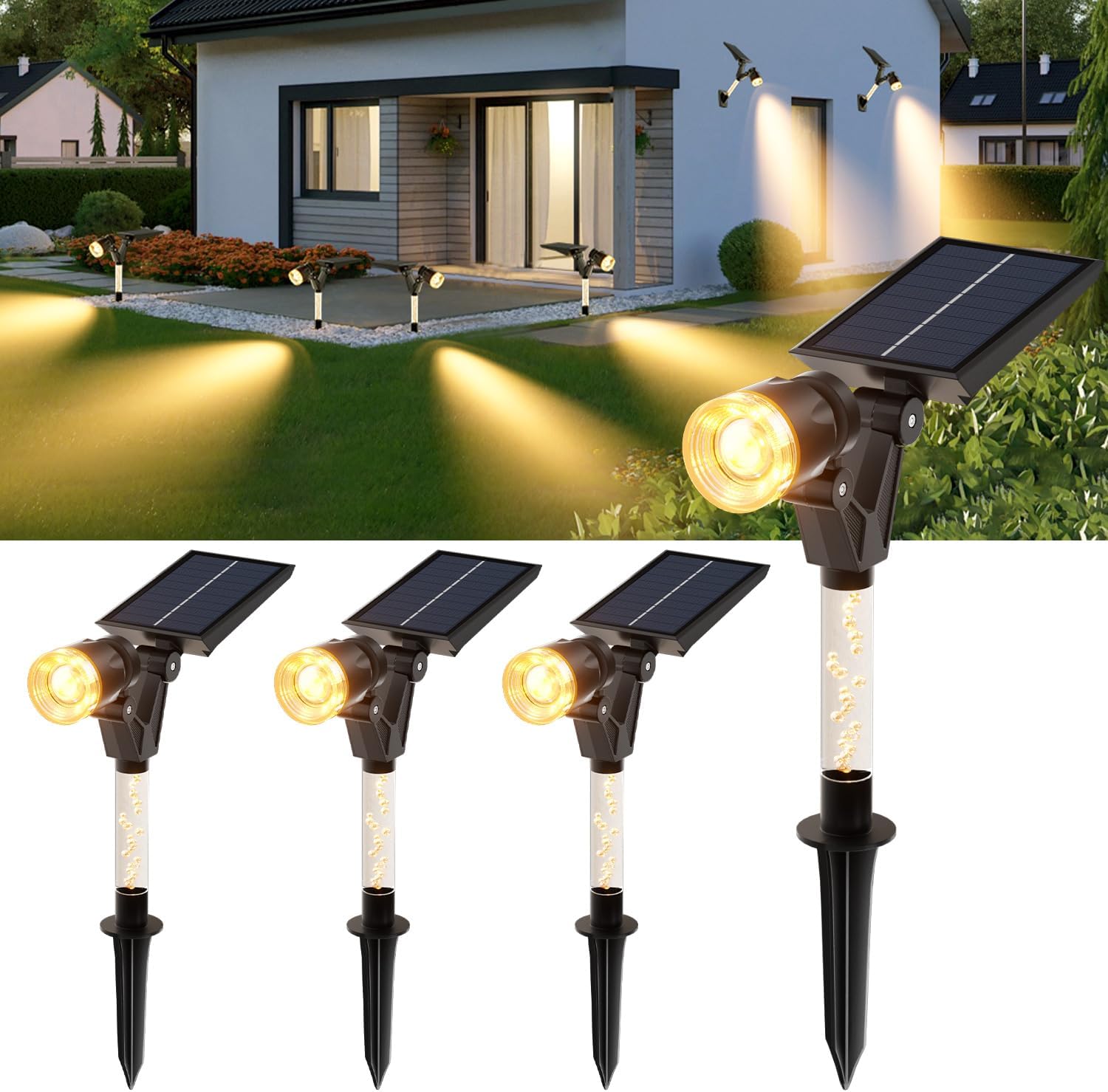 (Warm White) Solar Spot Lights Outdoor Garden Solar Garden Lights 4 Pack Bright 3000K Warm White Auto On/Off Landscape Spotlight 3 Lighting Modes Waterproof Wall Lights 