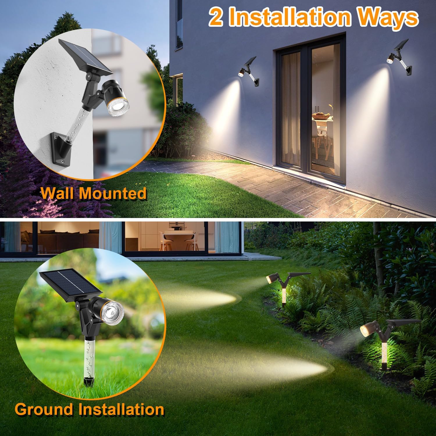 (Warm White) Solar Spot Lights Outdoor Garden Solar Garden Lights 4 Pack Bright 3000K Warm White Auto On/Off Landscape Spotlight 3 Lighting Modes Waterproof Wall Lights 