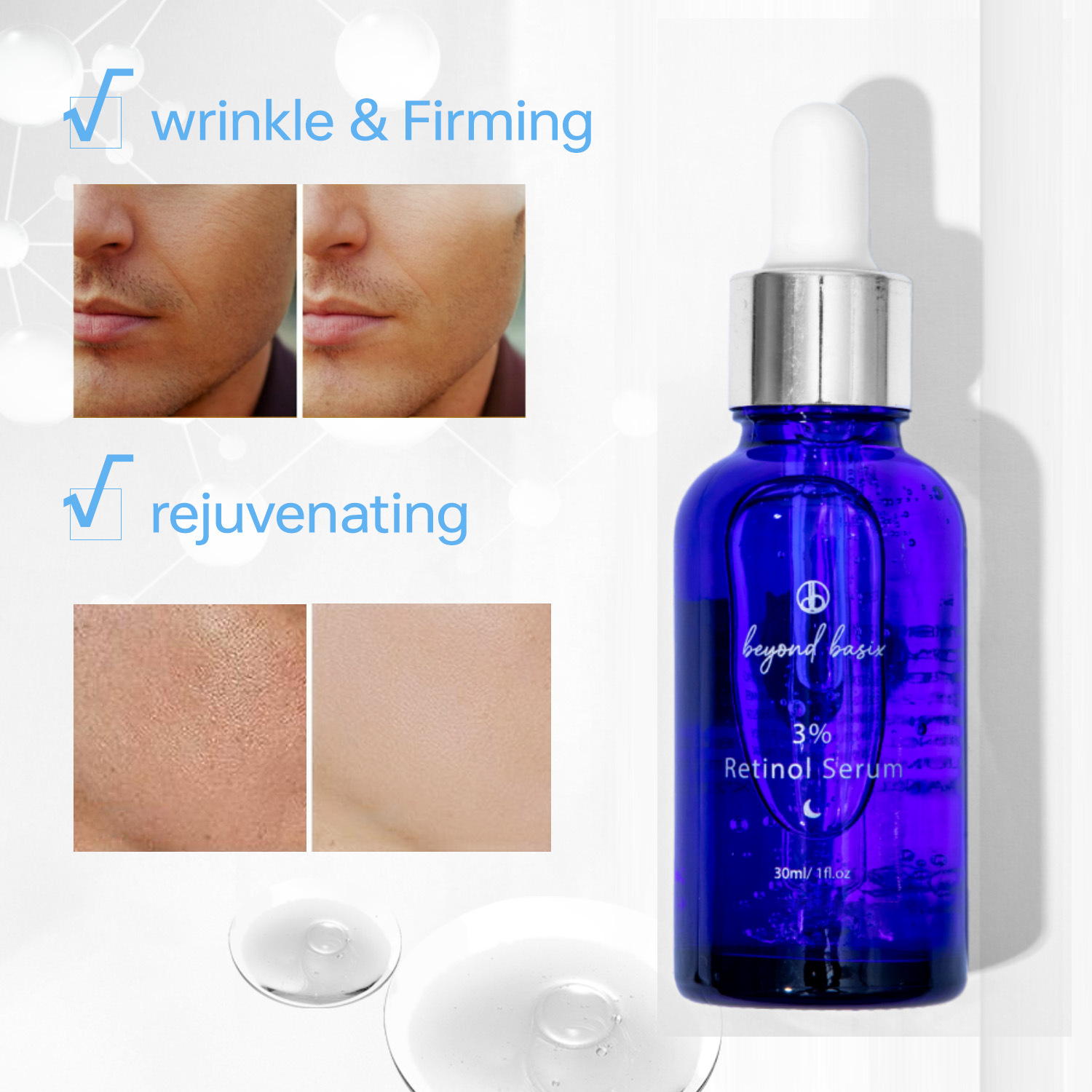 Retinol Serum 3 Percent Anti Aging Wrinkle Reducing Fine Lines Smoothing Daily Face Skin Care Treatment 30ml