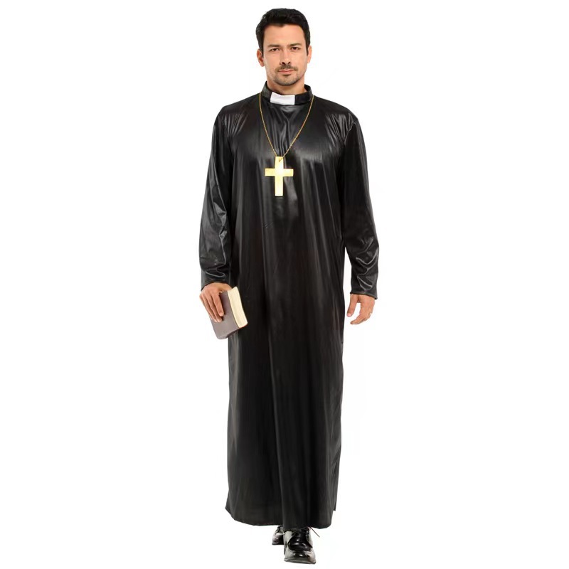 (165~175cm) Adult Mens Vicar Fancy Dress Halloween Costume Holy Priest Reverend Costume Stag Night Dress Up Outfit