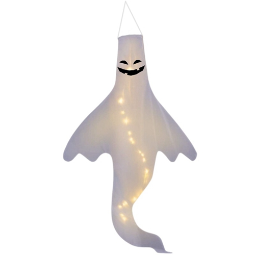 2PCS Cute Flying Ghost Flag Wind Socks Halloween with Warm White LED Lights Halloween Hanging Decorations